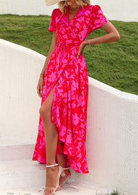 PRETTYGARDEN Women's Summer Maxi Dress Casual Wrap Floral Boho Short Sleeve V Neck Split Ruffle Beach Long Dresses