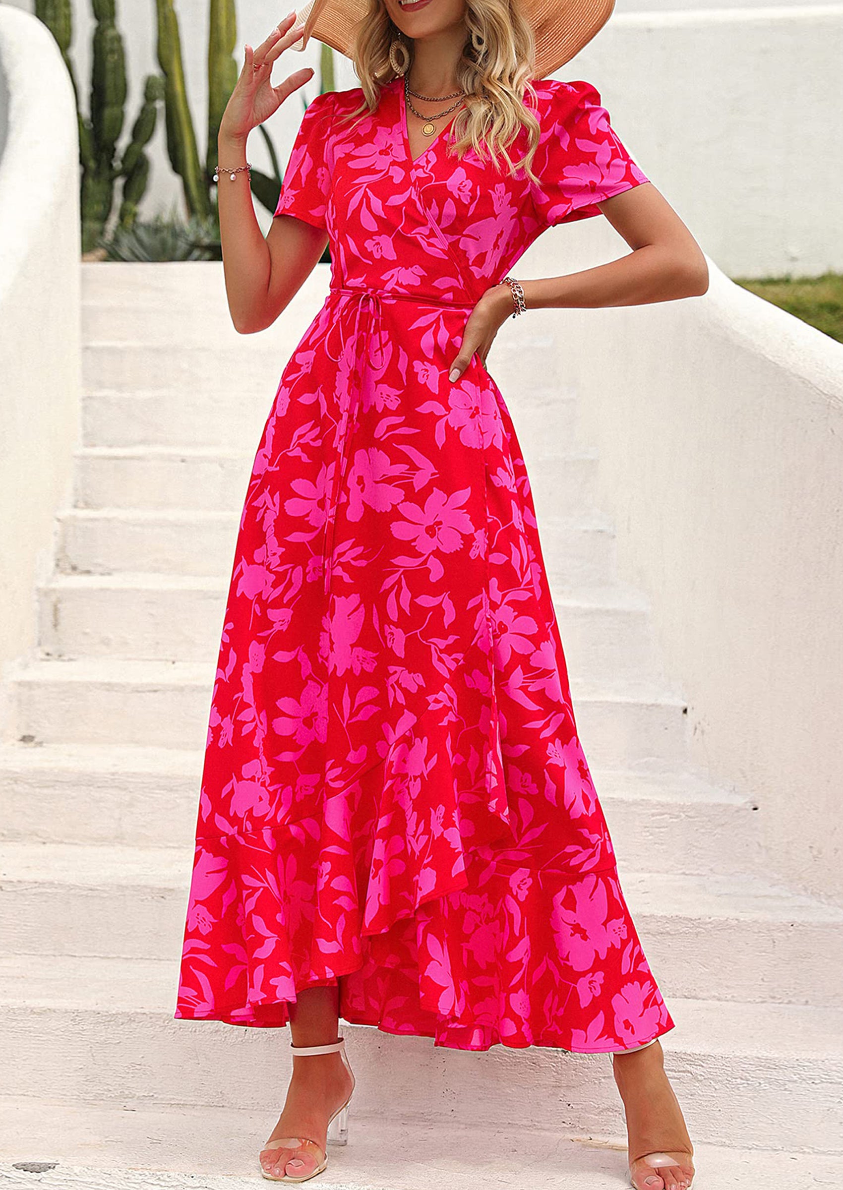 PRETTYGARDEN Women's Summer Maxi Dress Casual Wrap Floral Boho Short Sleeve V Neck Split Ruffle Beach Long Dresses