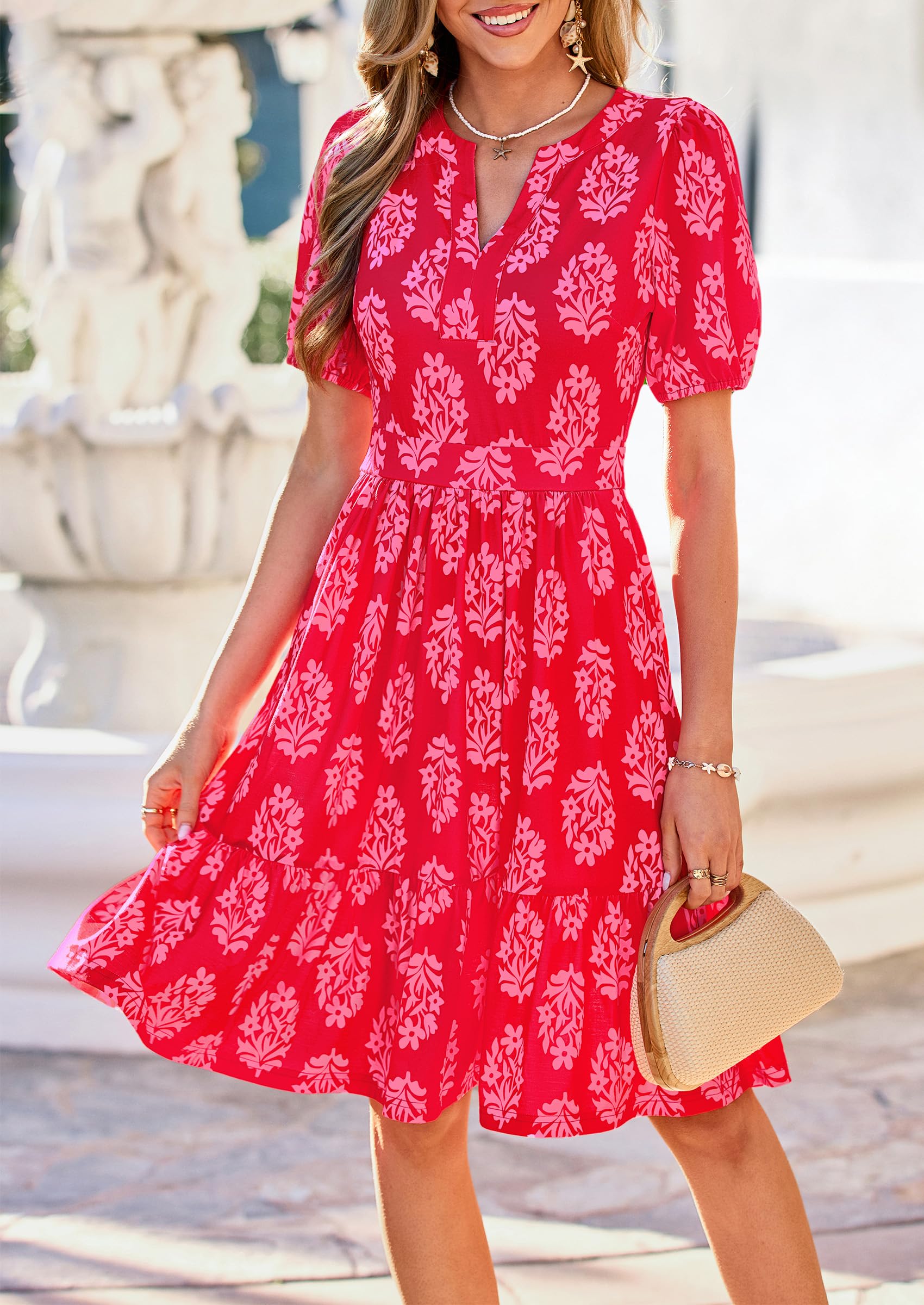 PRETTYGARDEN Womens Summer Casaul Short Dresses Floral V Neck Puff Sleeve Boho A Line Flowy Mini Beach Vacation Dress