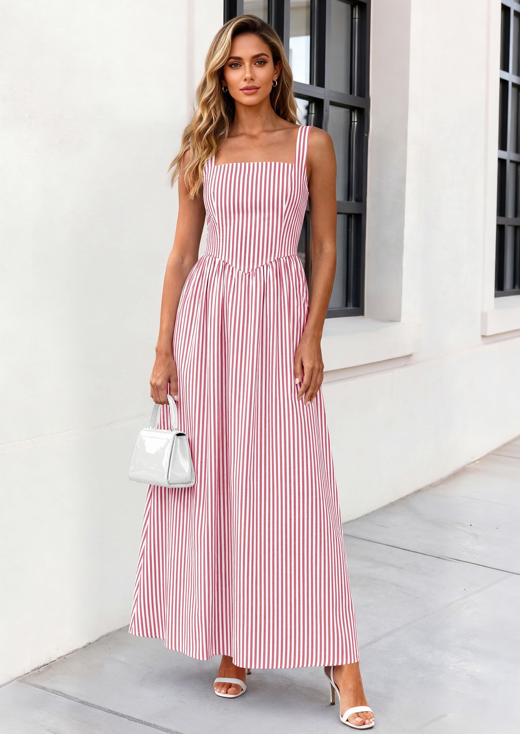 PRETTYGARDEN Women's Maxi Striped Dress Summer Sleeveless Square Neck Smocked A Line Long Flowy Spring Vacation Sundress PRETTYGARDEN