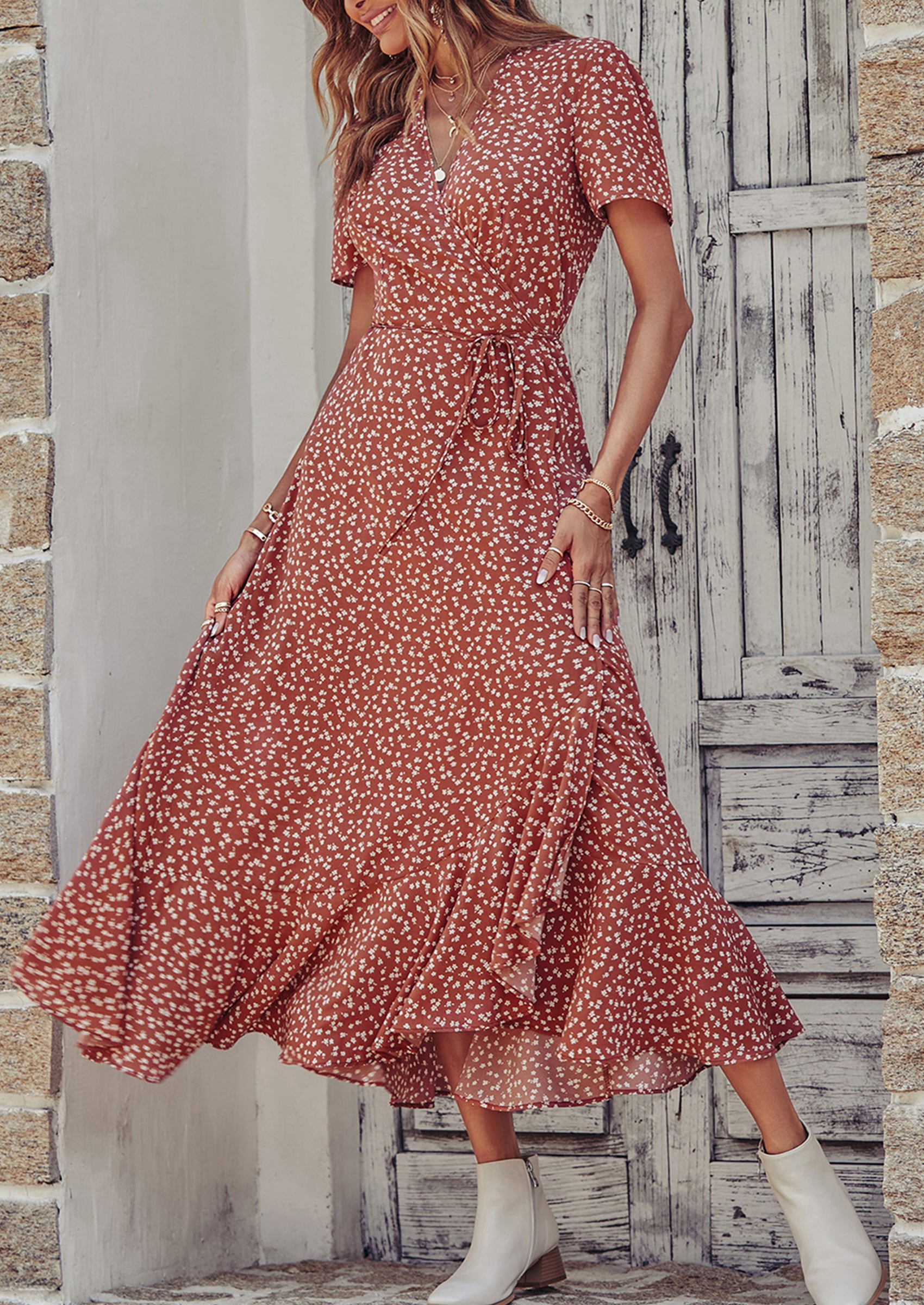 PRETTYGARDEN Women's Summer Maxi Dress Casual Wrap Floral Boho Short Sleeve V Neck Split Ruffle Beach Long Dresses