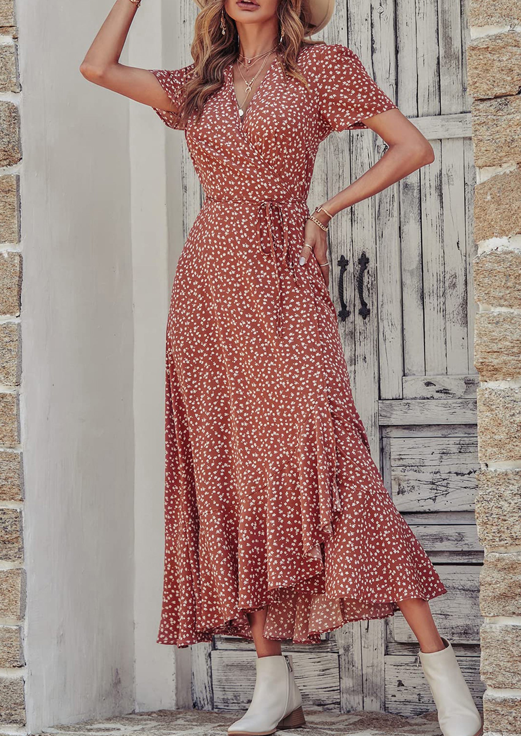 PRETTYGARDEN Women's Summer Maxi Dress Casual Wrap Floral Boho Short Sleeve V Neck Split Ruffle Beach Long Dresses