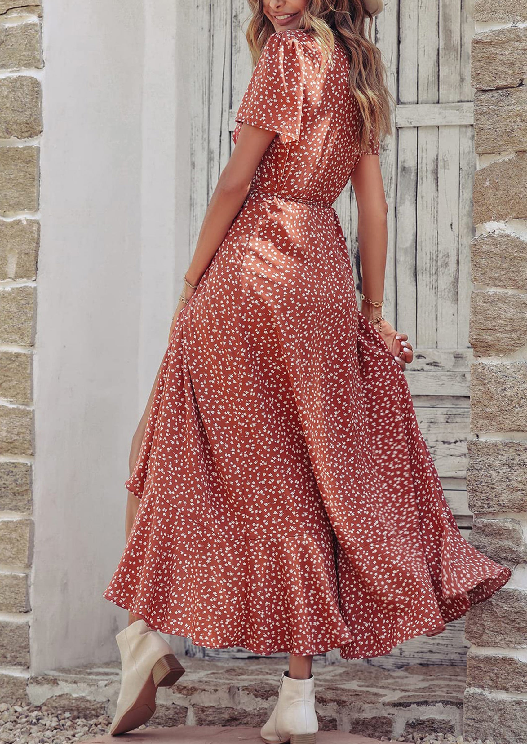 PRETTYGARDEN Women's Summer Maxi Dress Casual Wrap Floral Boho Short Sleeve V Neck Split Ruffle Beach Long Dresses