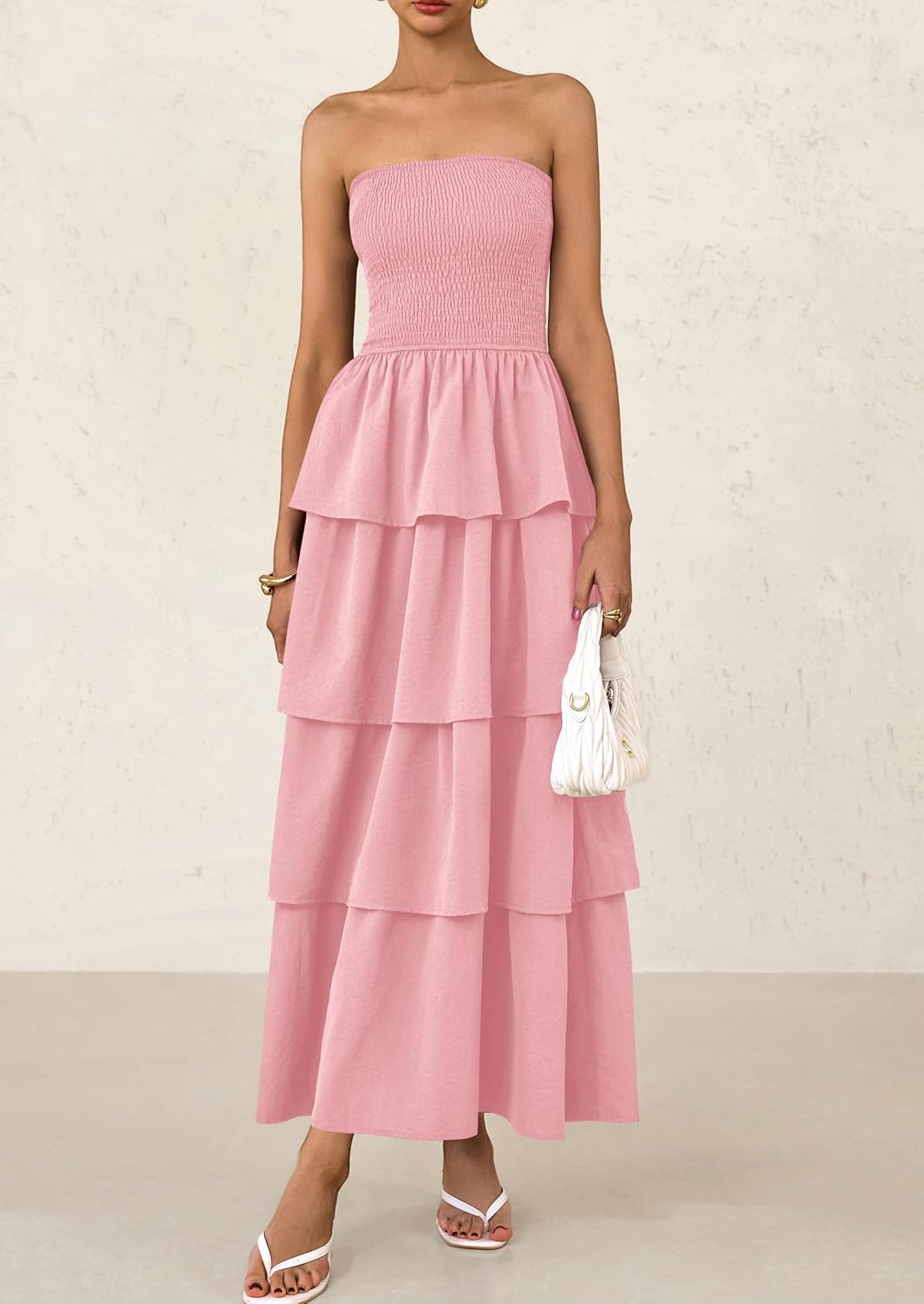 PRETTYGARDEN Maxi Dresses for Women Off Shoulder Smocked Tiered Ruffle Long Flowy Wedding Guest Dress