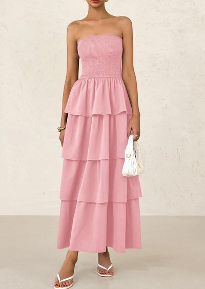 PRETTYGARDEN Maxi Dresses for Women Off Shoulder Smocked Tiered Ruffle Long Flowy Wedding Guest Dress