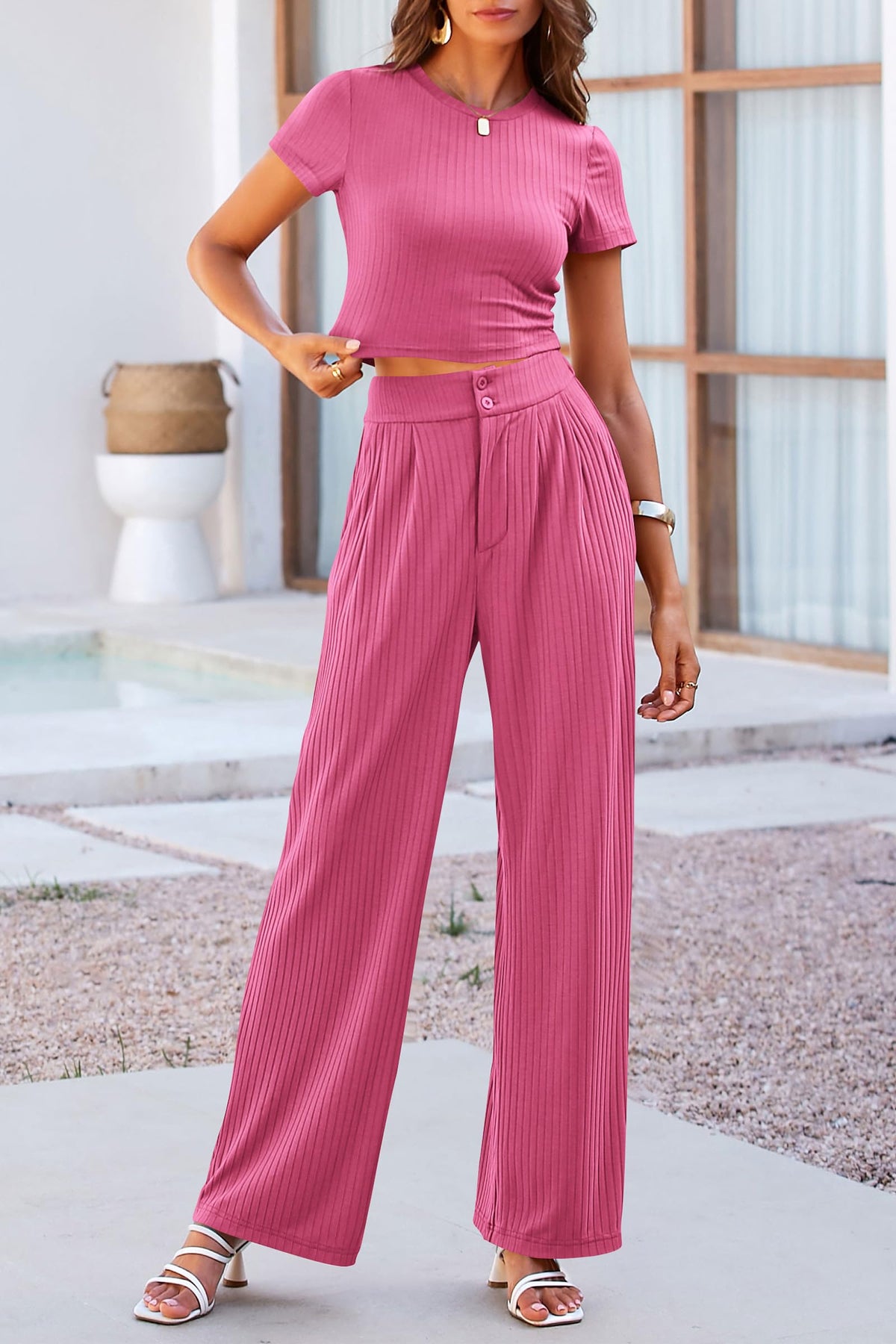 2 Piece Summer Knit Short Sleeve Crop Tops Wide Leg Pants Tracksuit