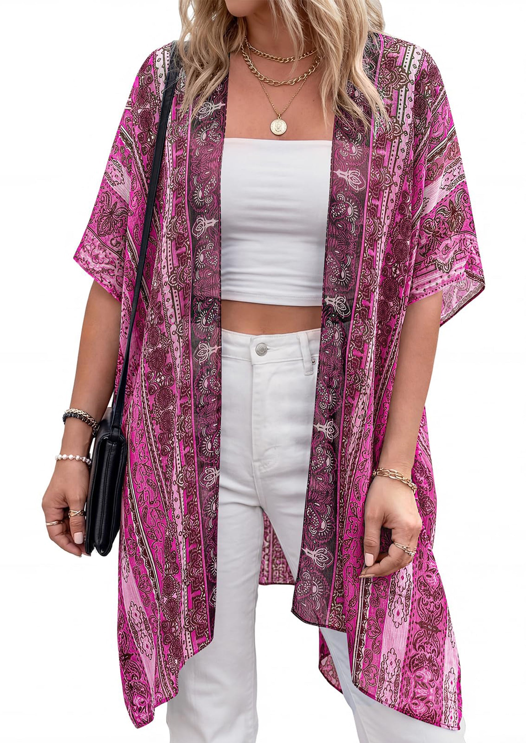 PRETTYGARDEN Summer Kimonos for Women Boho Floral Short Sleeve Kimono Cardigans Swimsuit Beach Cover Ups for Women Swimwear PRETTYGARDEN