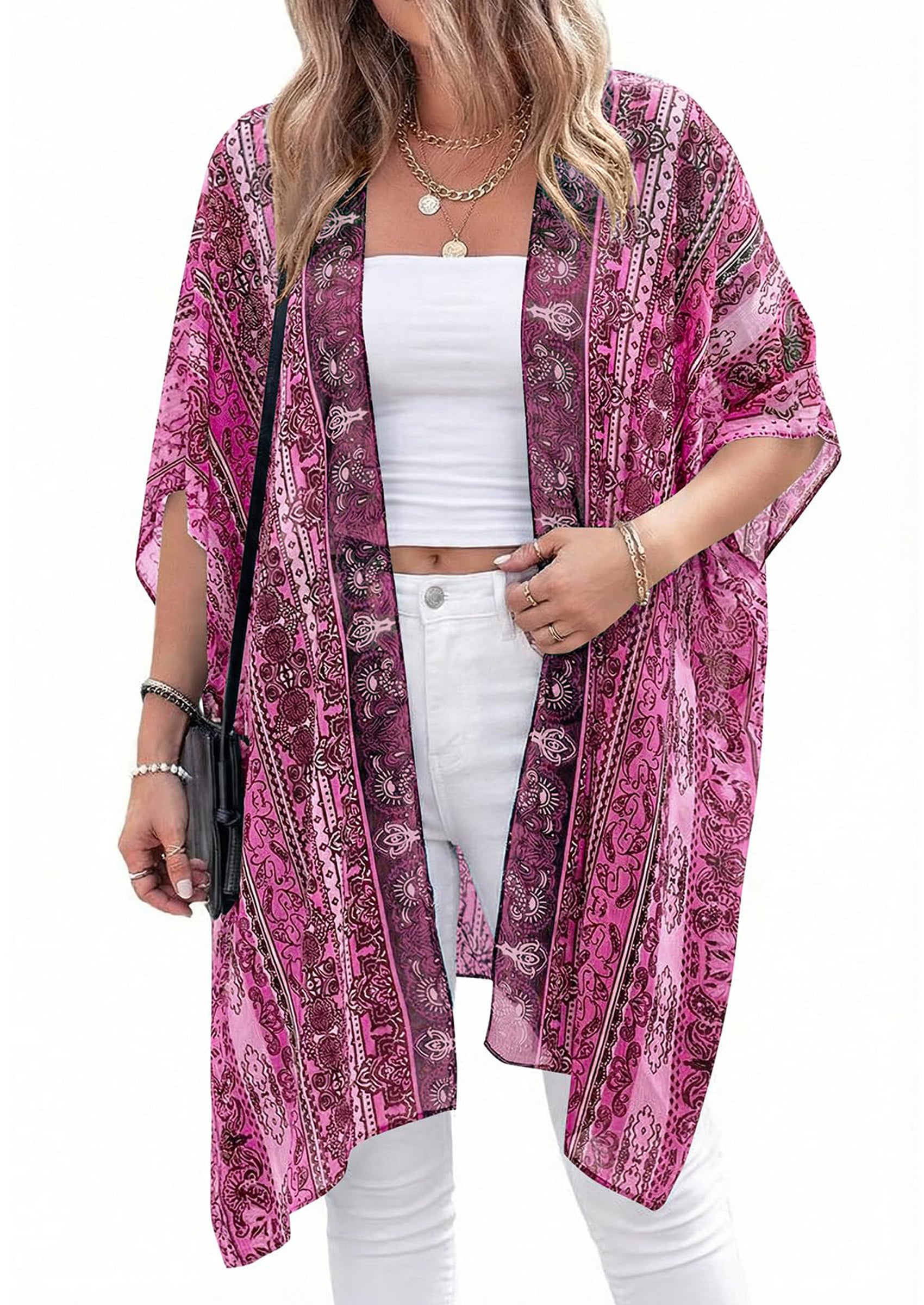 PRETTYGARDEN Summer Kimonos for Women Boho Floral Short Sleeve Kimono Cardigans Swimsuit Beach Cover Ups for Women Swimwear PRETTYGARDEN