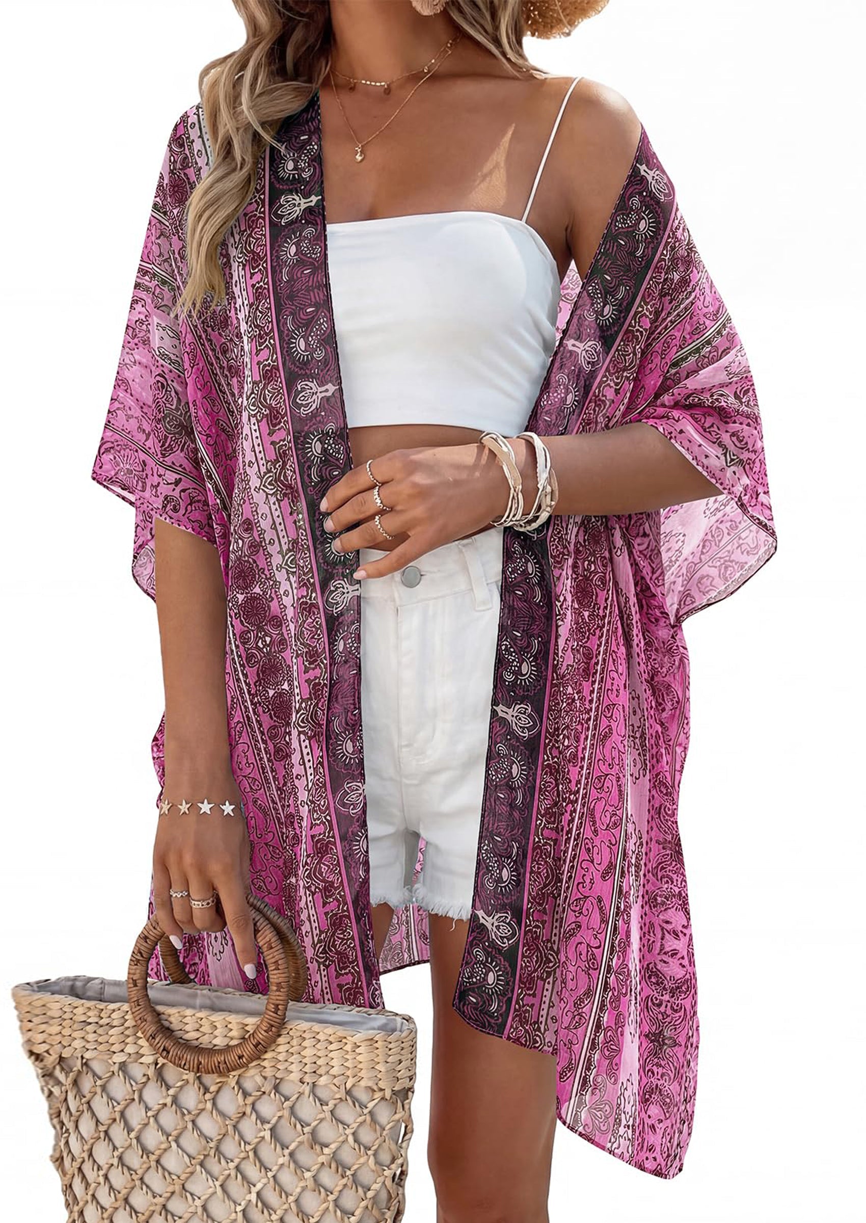 PRETTYGARDEN Summer Kimonos for Women Boho Floral Short Sleeve Kimono Cardigans Swimsuit Beach Cover Ups for Women Swimwear PRETTYGARDEN