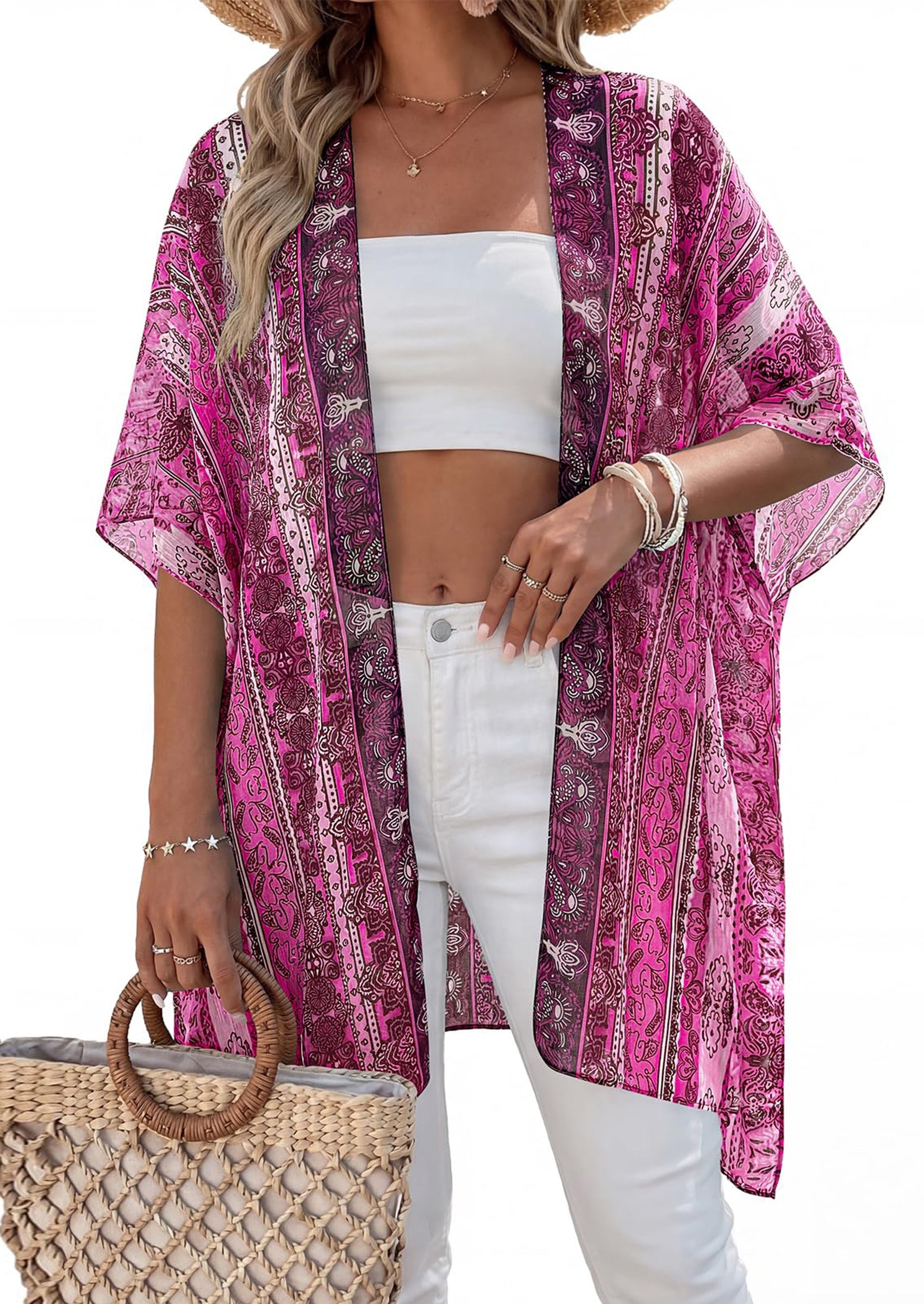 PRETTYGARDEN Summer Kimonos for Women Boho Floral Short Sleeve Kimono Cardigans Swimsuit Beach Cover Ups for Women Swimwear PRETTYGARDEN