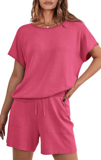 PRETTYGARDEN Two Piece Set for Women Summer Lounge Sets Shorts And Short Sleeve Tops Knitted Matching Travel Spring Outfits PRETTYGARDEN