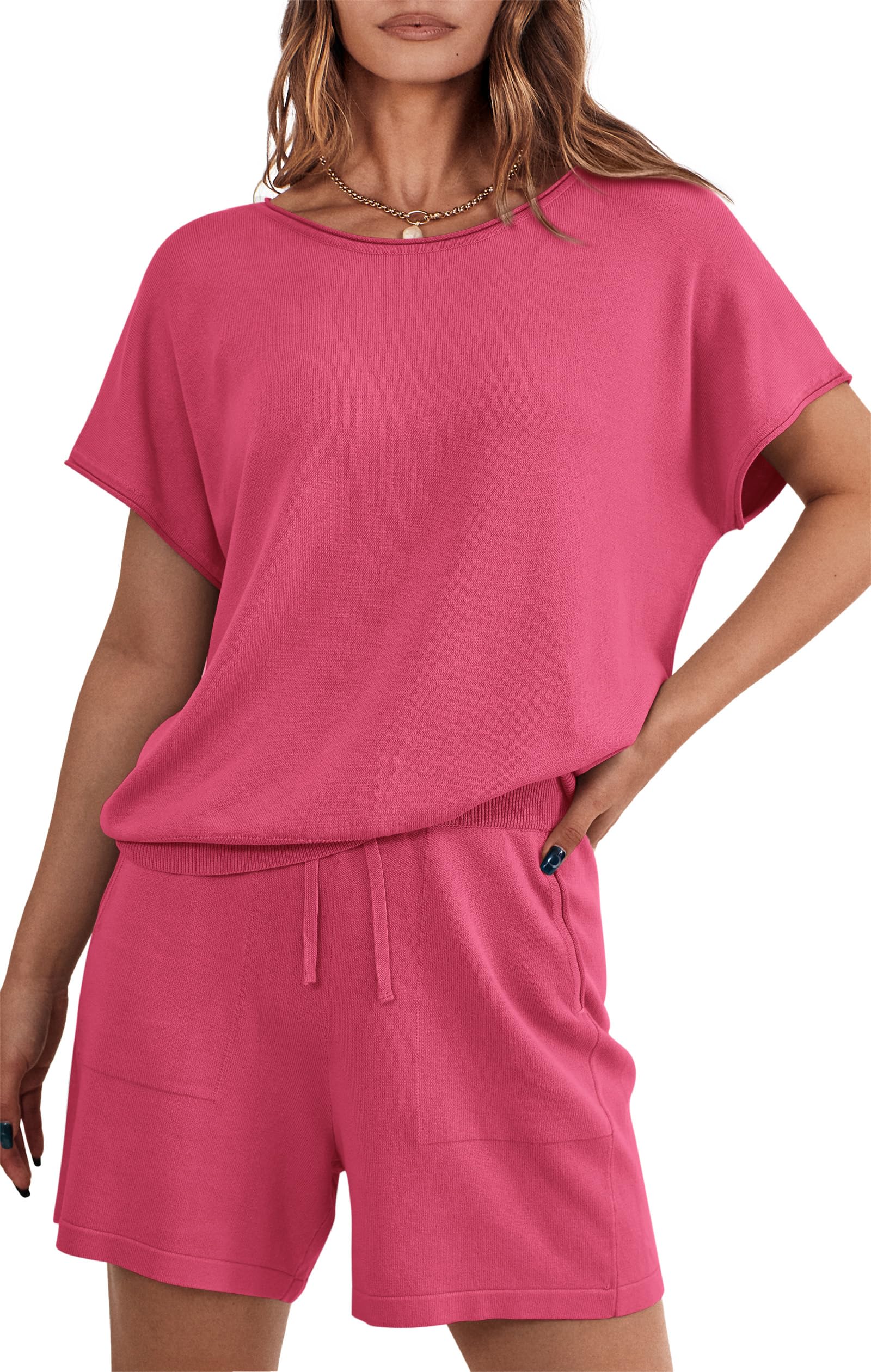 PRETTYGARDEN Two Piece Set for Women Summer Lounge Sets Shorts And Short Sleeve Tops Knitted Matching Travel Spring Outfits PRETTYGARDEN