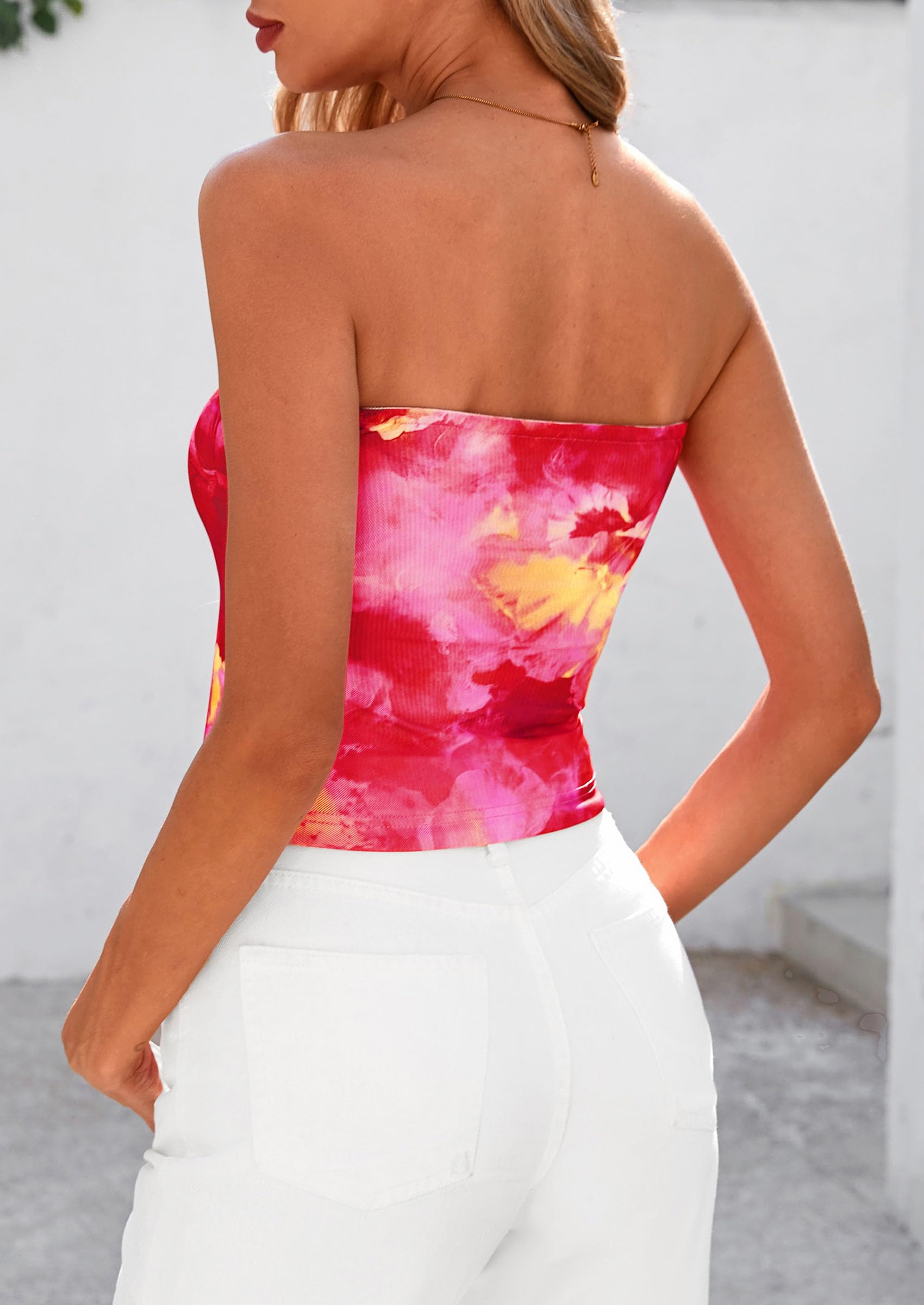 PRETTYGARDEN Strapless Tube Tops for Women Summer Mesh Floral Y2K Bandeau Cute Crop Top Trendy Going Out Outfits