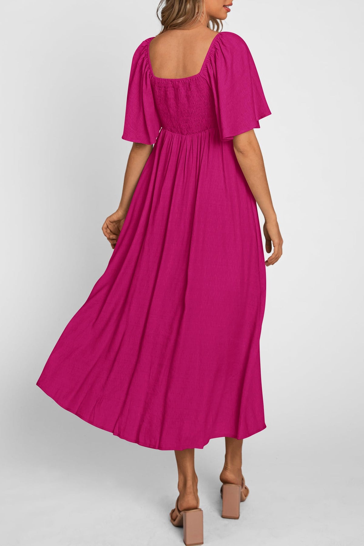 Casual Short Sleeve Bow Tie V Neck Ruffle Flowy Midi Dresses