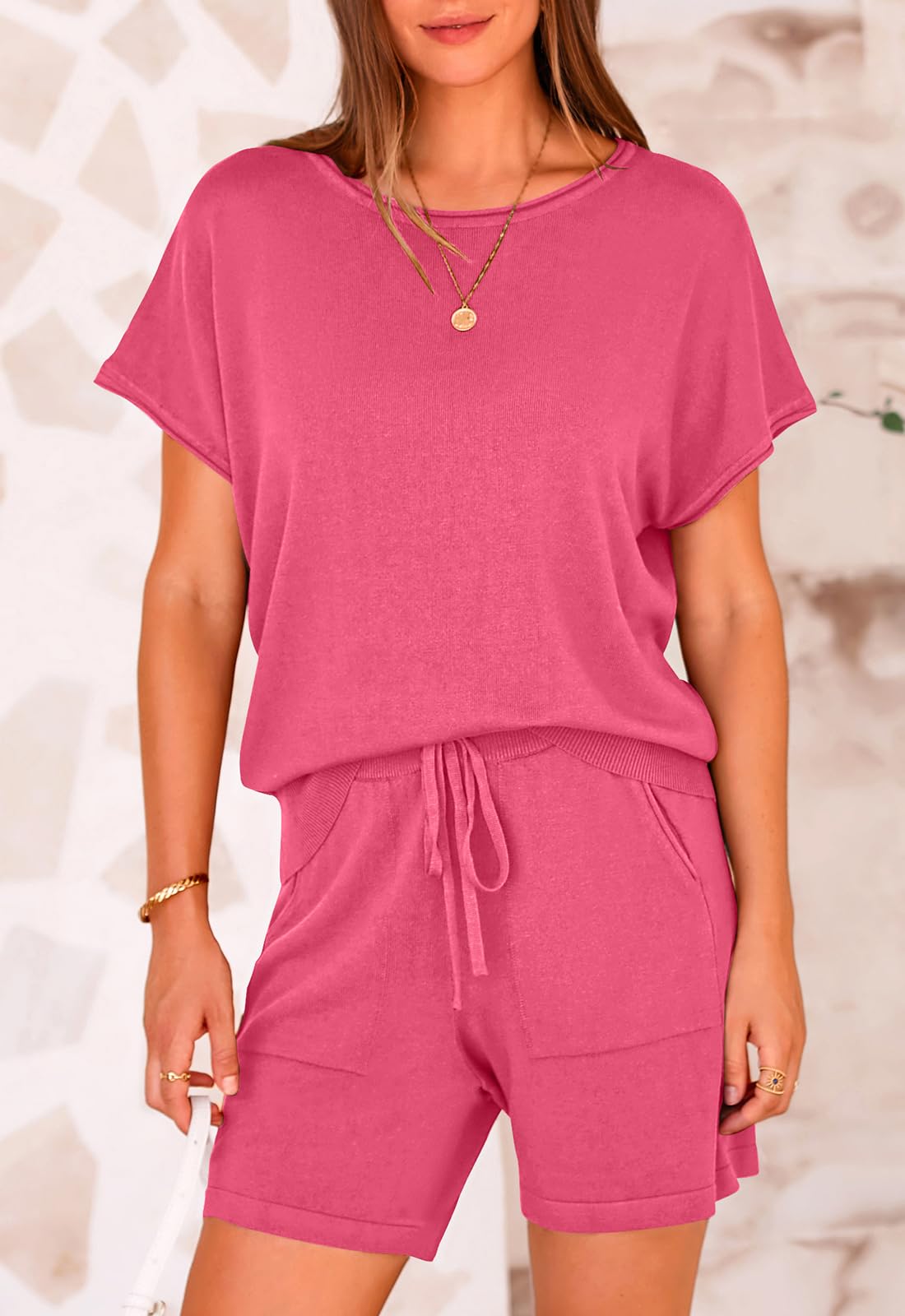 PRETTYGARDEN Two Piece Set for Women Summer Lounge Sets Shorts And Short Sleeve Tops Knitted Matching Travel Spring Outfits PRETTYGARDEN