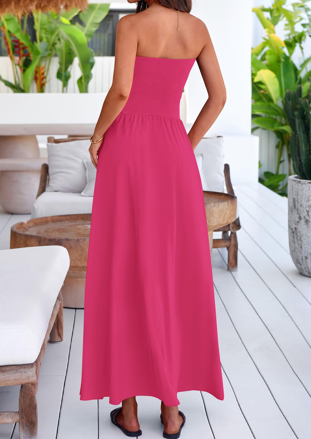 Women's 2025 Summer Strapless Maxi Dresses Patchwork Long Flowy Elegant Going Out Tube Top Dress with Pockets