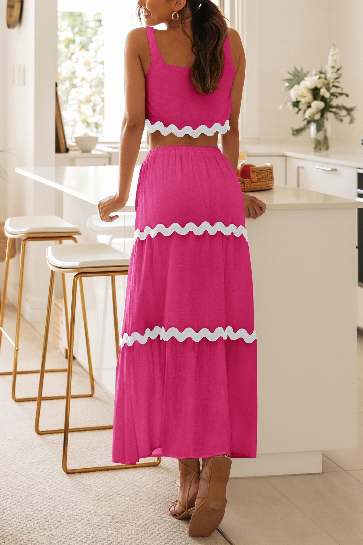 2 Piece Summer Casual Sleeveless Cropped Tank Top High Waisted Maxi Skirt Set