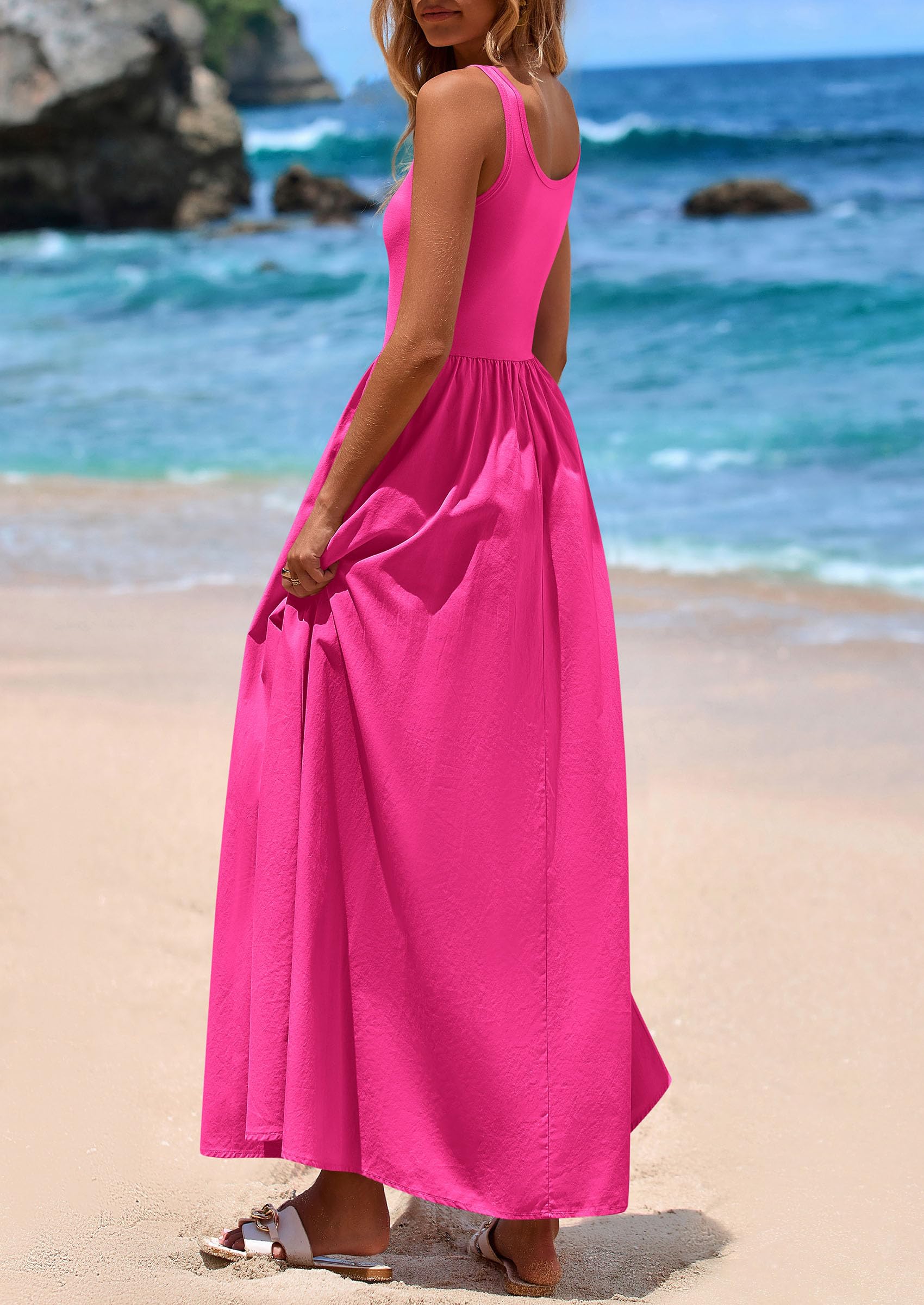 PRETTYGARDEN Womens Summer Casual Scoop Neck Sleeveless Long Dresses Tank Top Patchwork Aline Swing Maxi Dress with Pockets