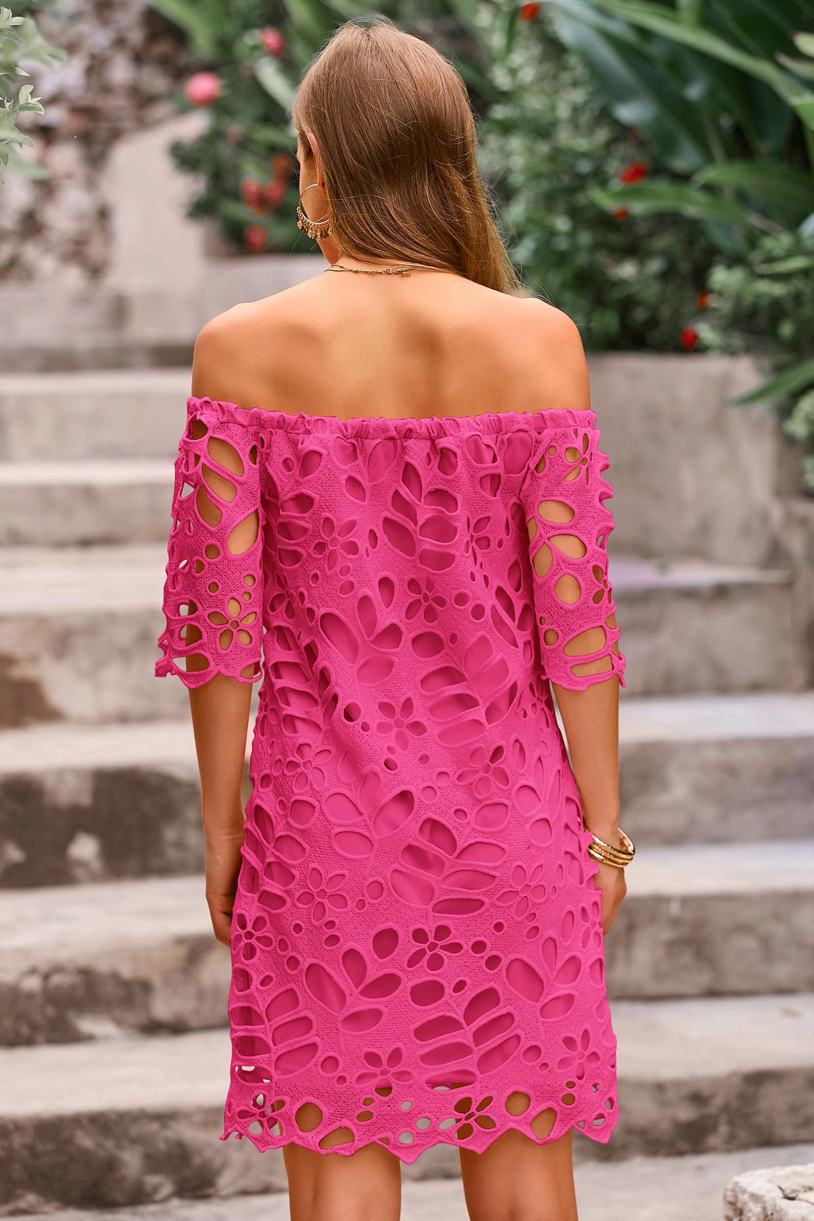 PRETTYGARDEN Women's Summer Off Shoulder Dresses Floral Lace Flare Short Sleeve Spring Vintage Elegant Mini Dress