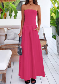 Women's 2025 Summer Strapless Maxi Dresses Patchwork Long Flowy Elegant Going Out Tube Top Dress with Pockets