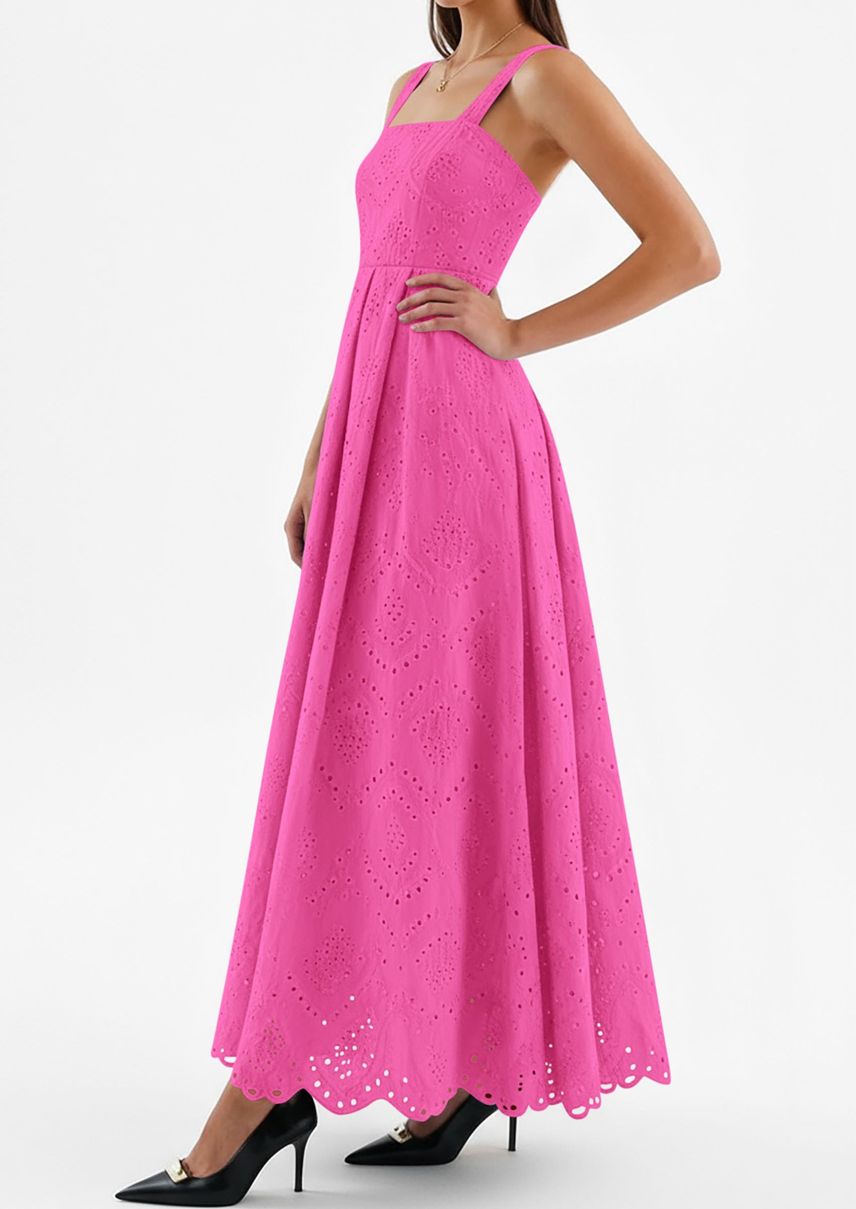 PRETTYGARDEN Womens Sleeveless Maxi Summer Dresses Hollow Out Eyelet Square Neck Ruffle Flowy Beach Vacation Sundress PRETTYGARDEN