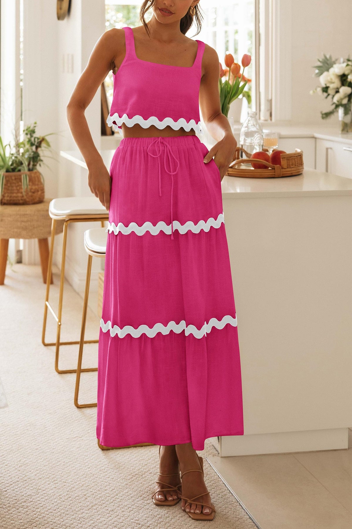 2 Piece Summer Casual Sleeveless Cropped Tank Top High Waisted Maxi Skirt Set