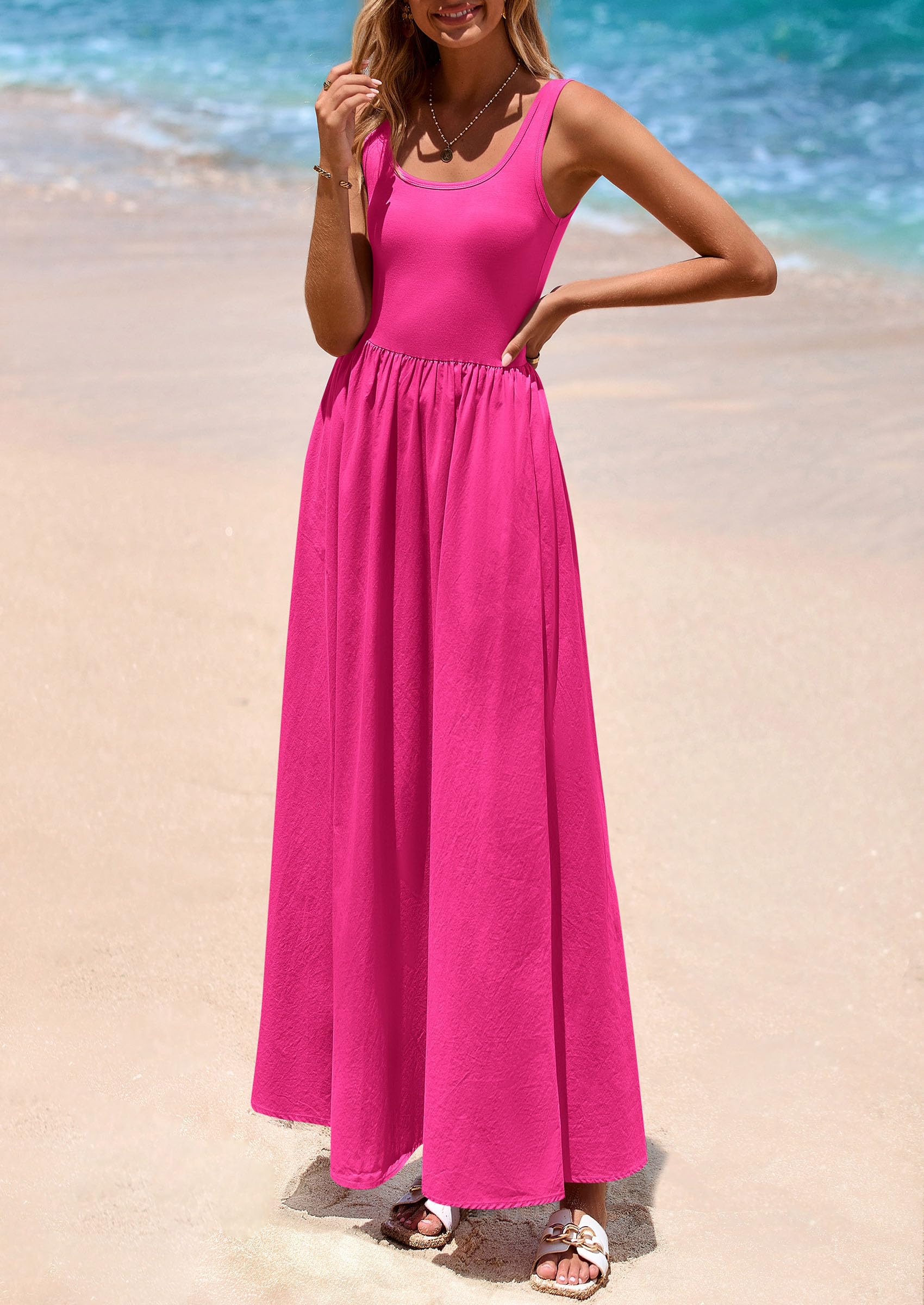 PRETTYGARDEN Womens Summer Casual Scoop Neck Sleeveless Long Dresses Tank Top Patchwork Aline Swing Maxi Dress with Pockets