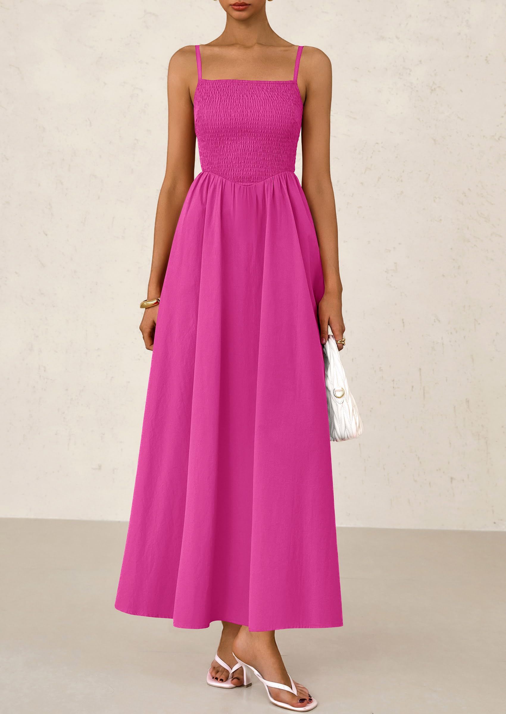 PRETTYGARDEN Women's Smocked Maxi Dresses Beach Sundress Casual Spaghetti Strap Swing A Line Long Flowy Dress