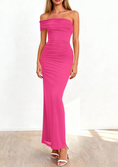 PRETTYGARDEN Women's Wedding Guest Cocktail Dresses One Off The Shoulder Ruched Bodycon Formal Maxi Party Summer Outfits PRETTYGARDEN