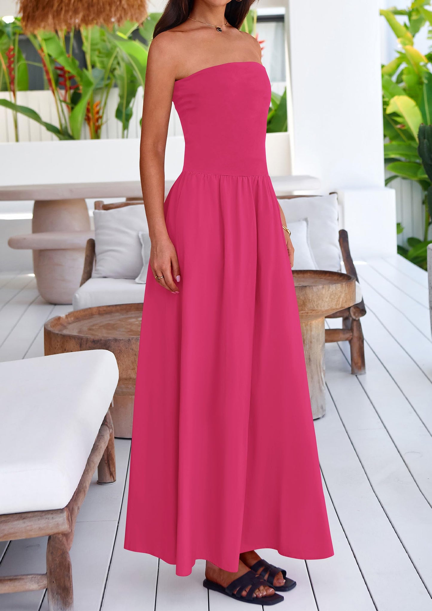 Women's 2025 Summer Strapless Maxi Dresses Patchwork Long Flowy Elegant Going Out Tube Top Dress with Pockets