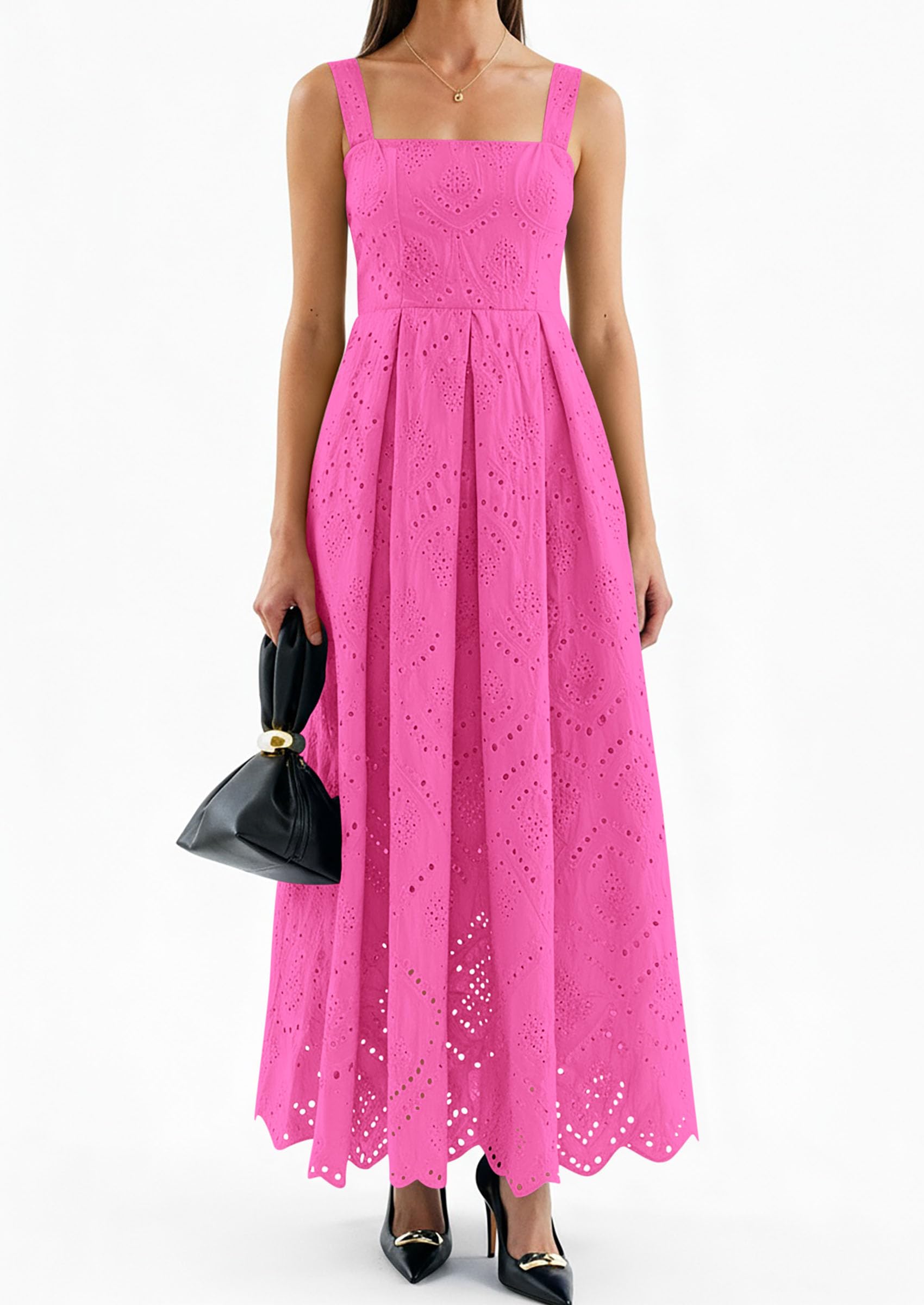 PRETTYGARDEN Womens Sleeveless Maxi Summer Dresses Hollow Out Eyelet Square Neck Ruffle Flowy Beach Vacation Sundress PRETTYGARDEN