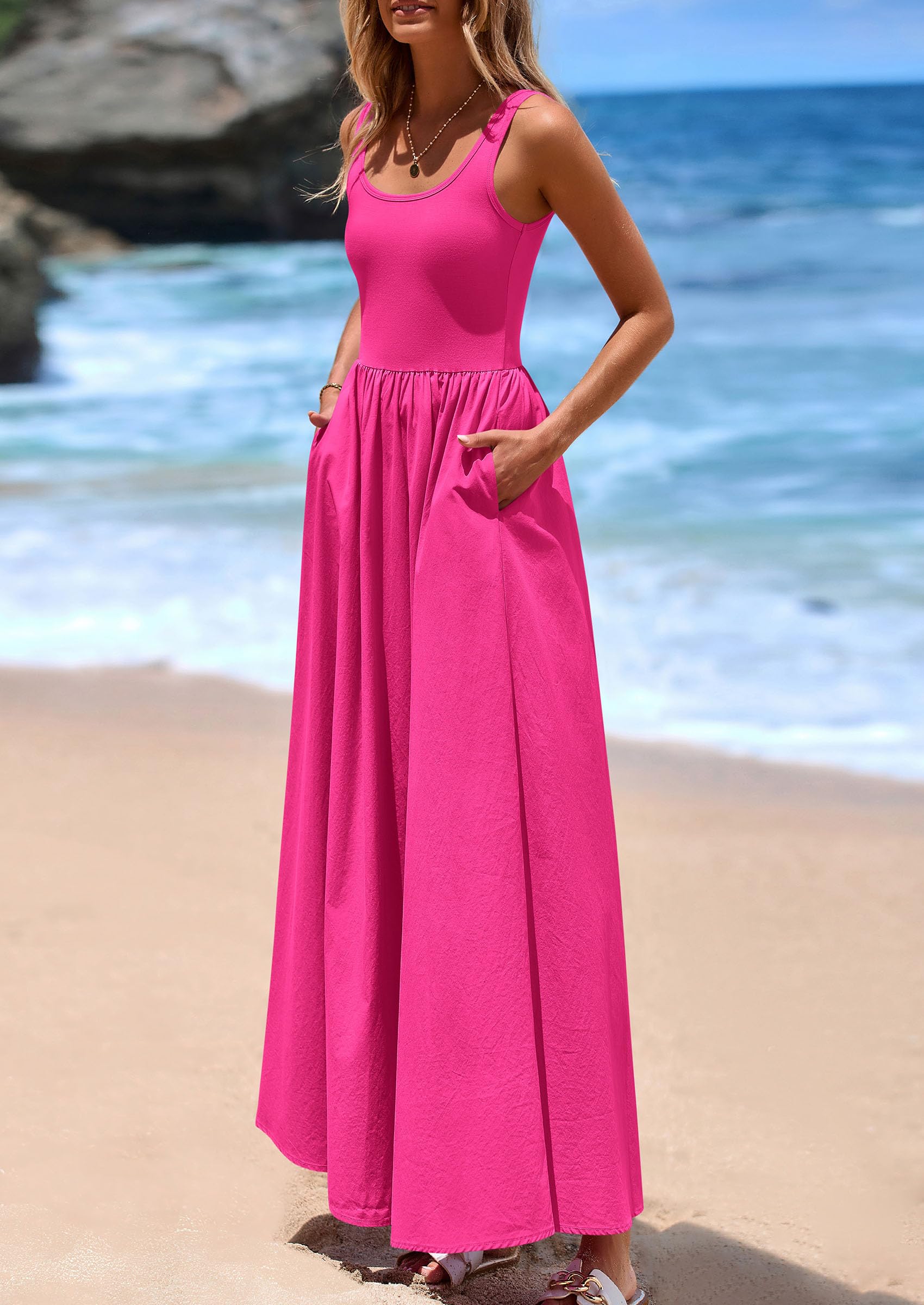 PRETTYGARDEN Womens Summer Casual Scoop Neck Sleeveless Long Dresses Tank Top Patchwork Aline Swing Maxi Dress with Pockets