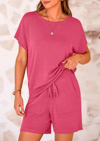 PRETTYGARDEN Two Piece Set for Women Summer Lounge Sets Shorts And Short Sleeve Tops Knitted Matching Travel Spring Outfits PRETTYGARDEN