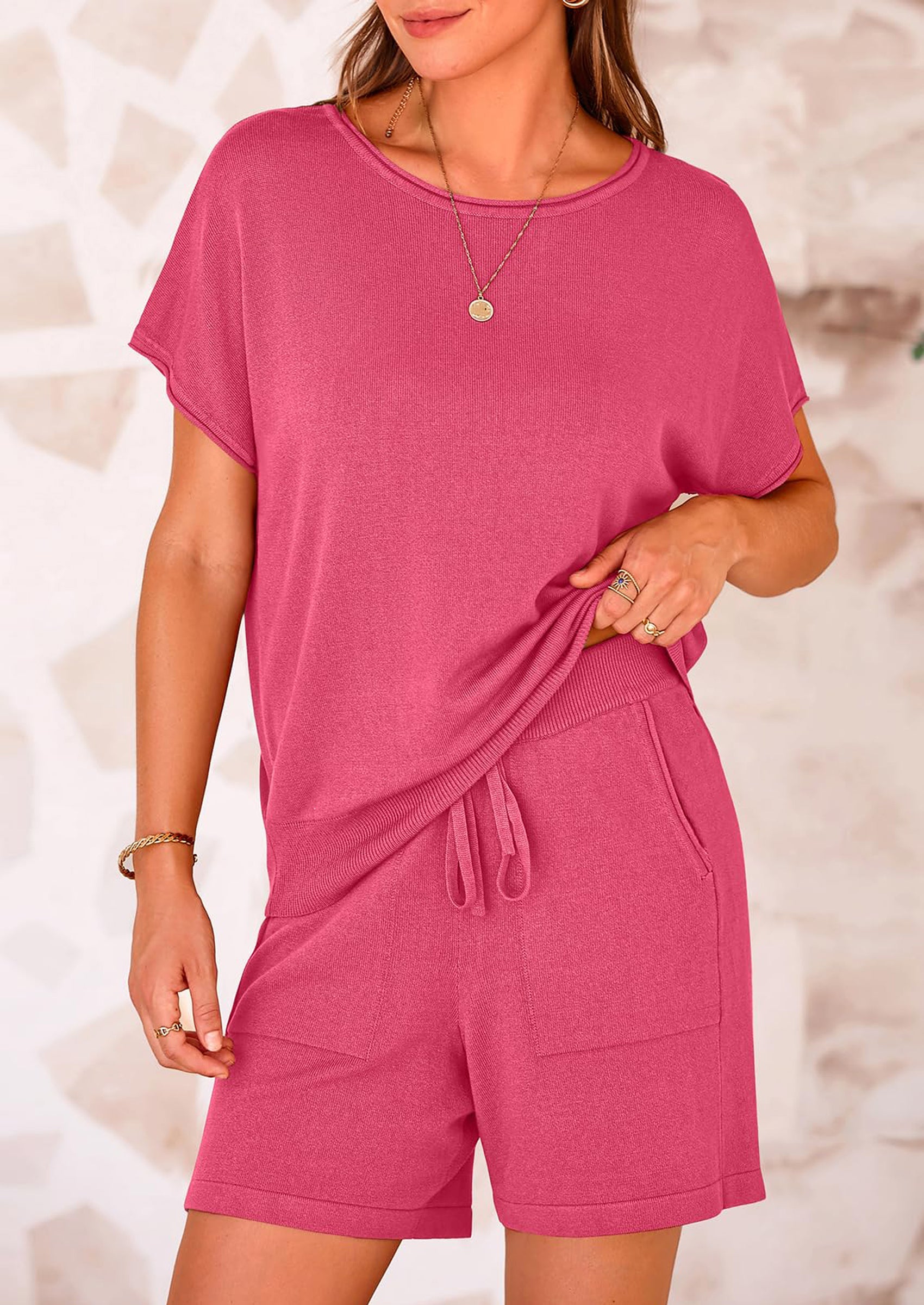 PRETTYGARDEN Two Piece Set for Women Summer Lounge Sets Shorts And Short Sleeve Tops Knitted Matching Travel Spring Outfits PRETTYGARDEN