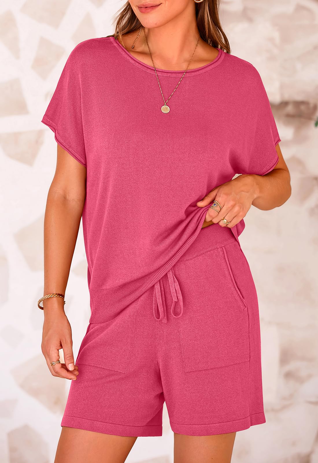 PRETTYGARDEN Two Piece Set for Women Summer Lounge Sets Shorts And Short Sleeve Tops Knitted Matching Travel Spring Outfits PRETTYGARDEN