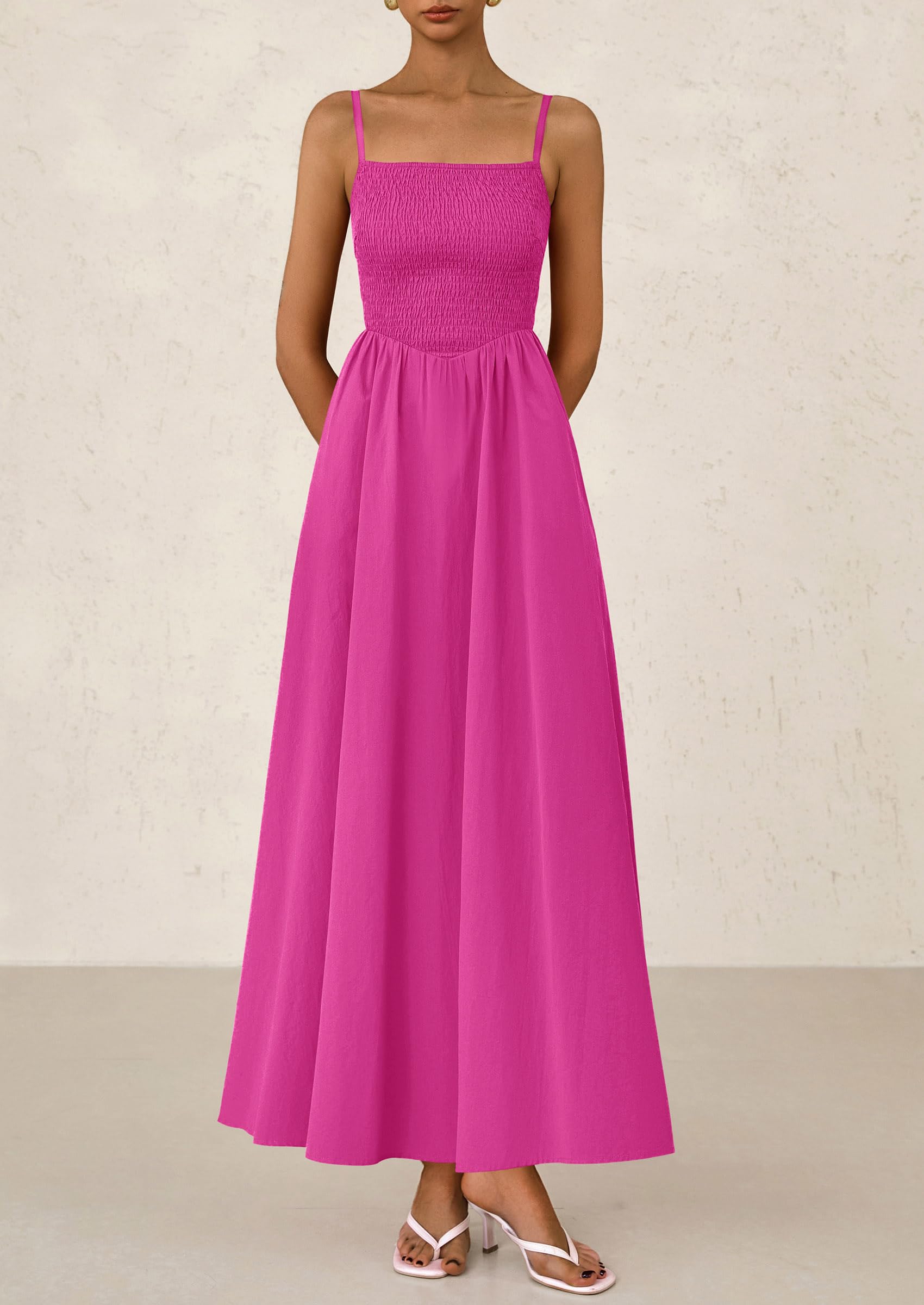 PRETTYGARDEN Women's Smocked Maxi Dresses Beach Sundress Casual Spaghetti Strap Swing A Line Long Flowy Dress