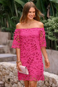 PRETTYGARDEN Women's Summer Off Shoulder Dresses Floral Lace Flare Short Sleeve Spring Vintage Elegant Mini Dress