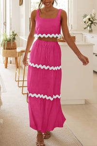 2 Piece Summer Casual Sleeveless Cropped Tank Top High Waisted Maxi Skirt Set