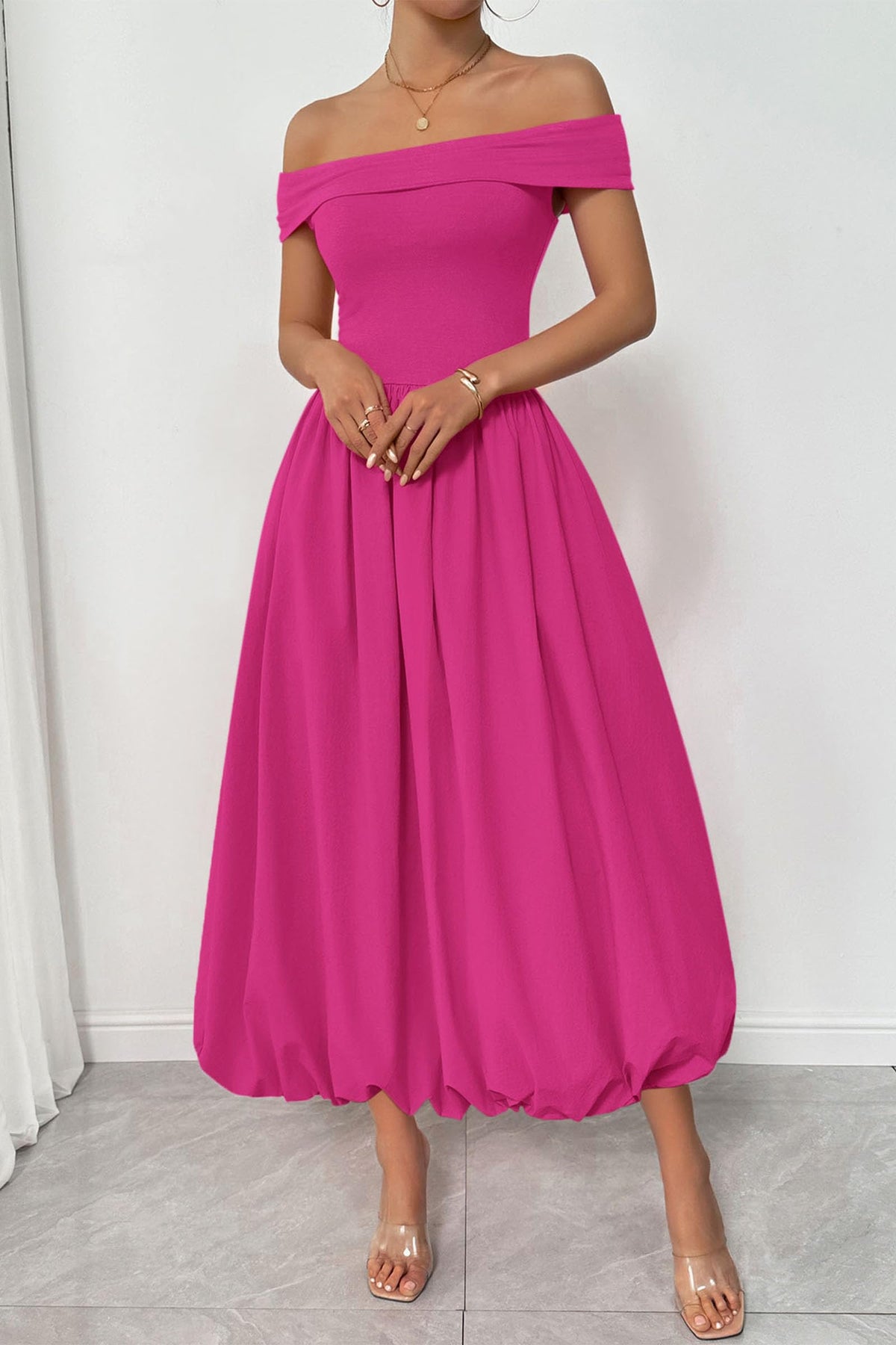 Womens Summer Off Shoulder Sleeveless Midi Dress Cocktail A Line Flowy Wedding Guest Dresses with Pockets