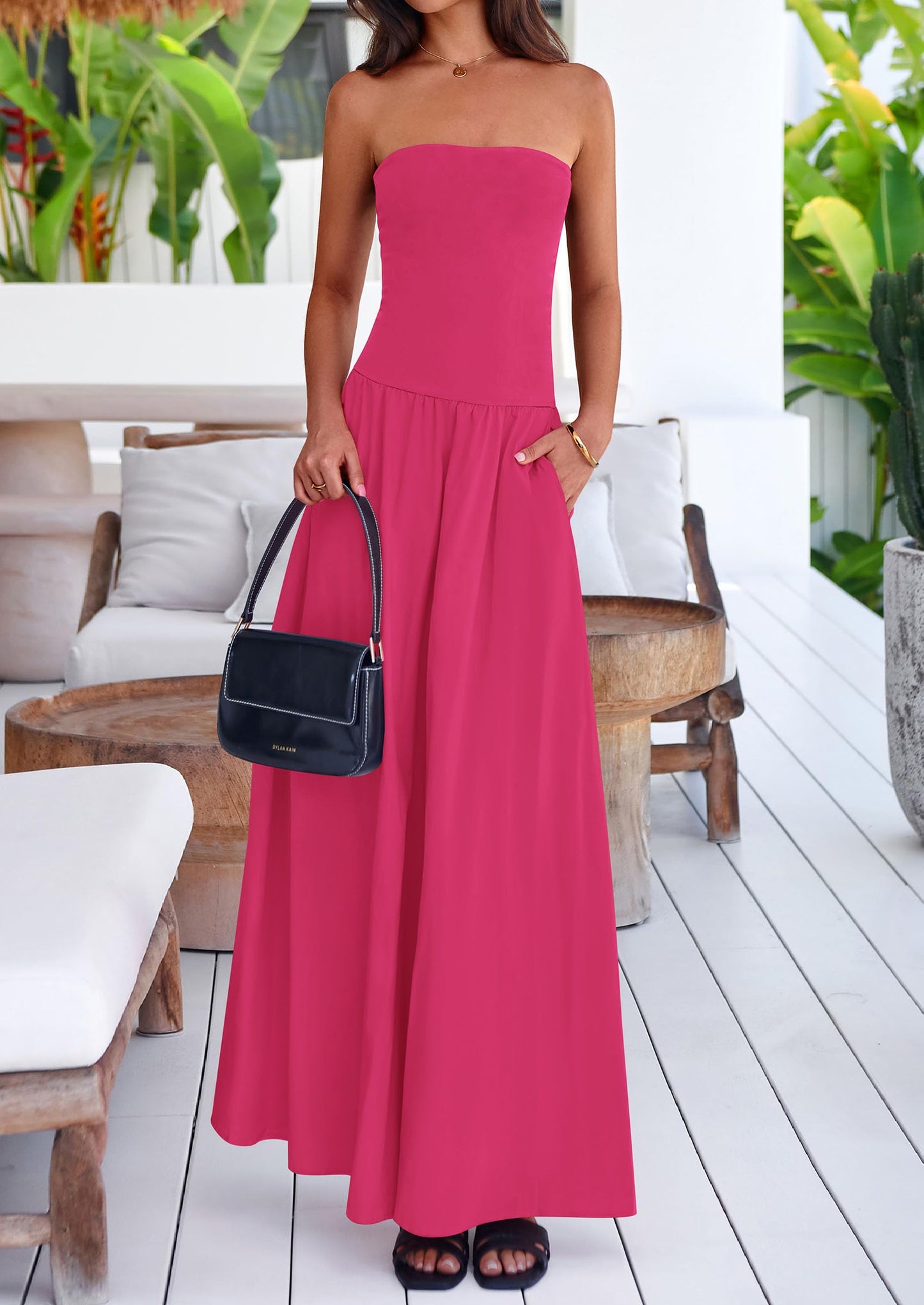 Women's 2025 Summer Strapless Maxi Dresses Patchwork Long Flowy Elegant Going Out Tube Top Dress with Pockets