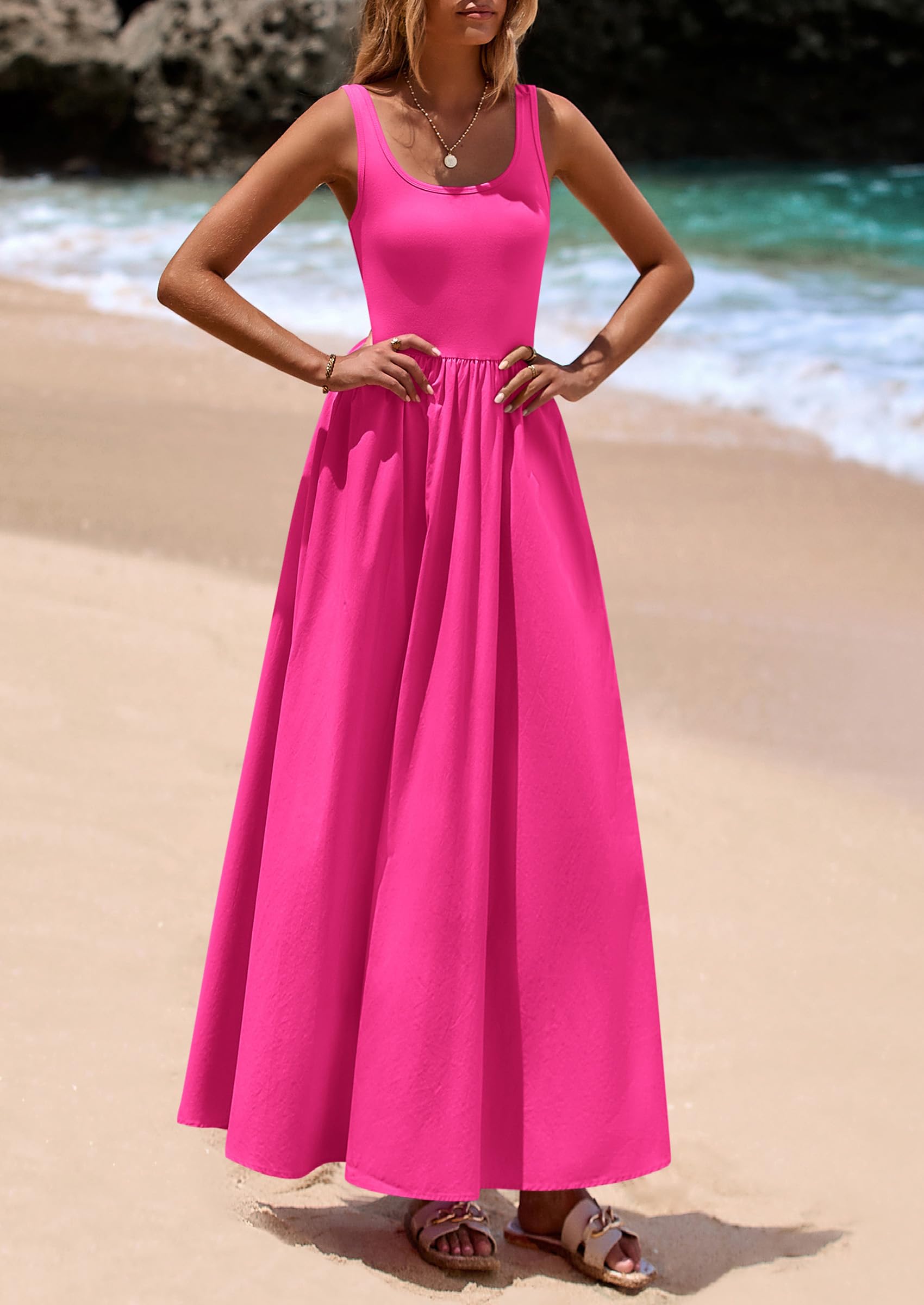 PRETTYGARDEN Womens Summer Casual Scoop Neck Sleeveless Long Dresses Tank Top Patchwork Aline Swing Maxi Dress with Pockets