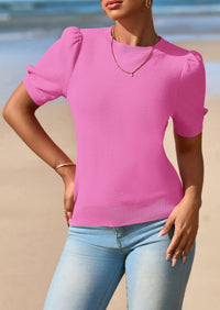 PRETTYGARDEN Womens Tops Spring Summer Puff Short Sleeve Sweater Crewneck Knit Work Blouses Dressy Casual Trendy Shirts PRETTYGARDEN