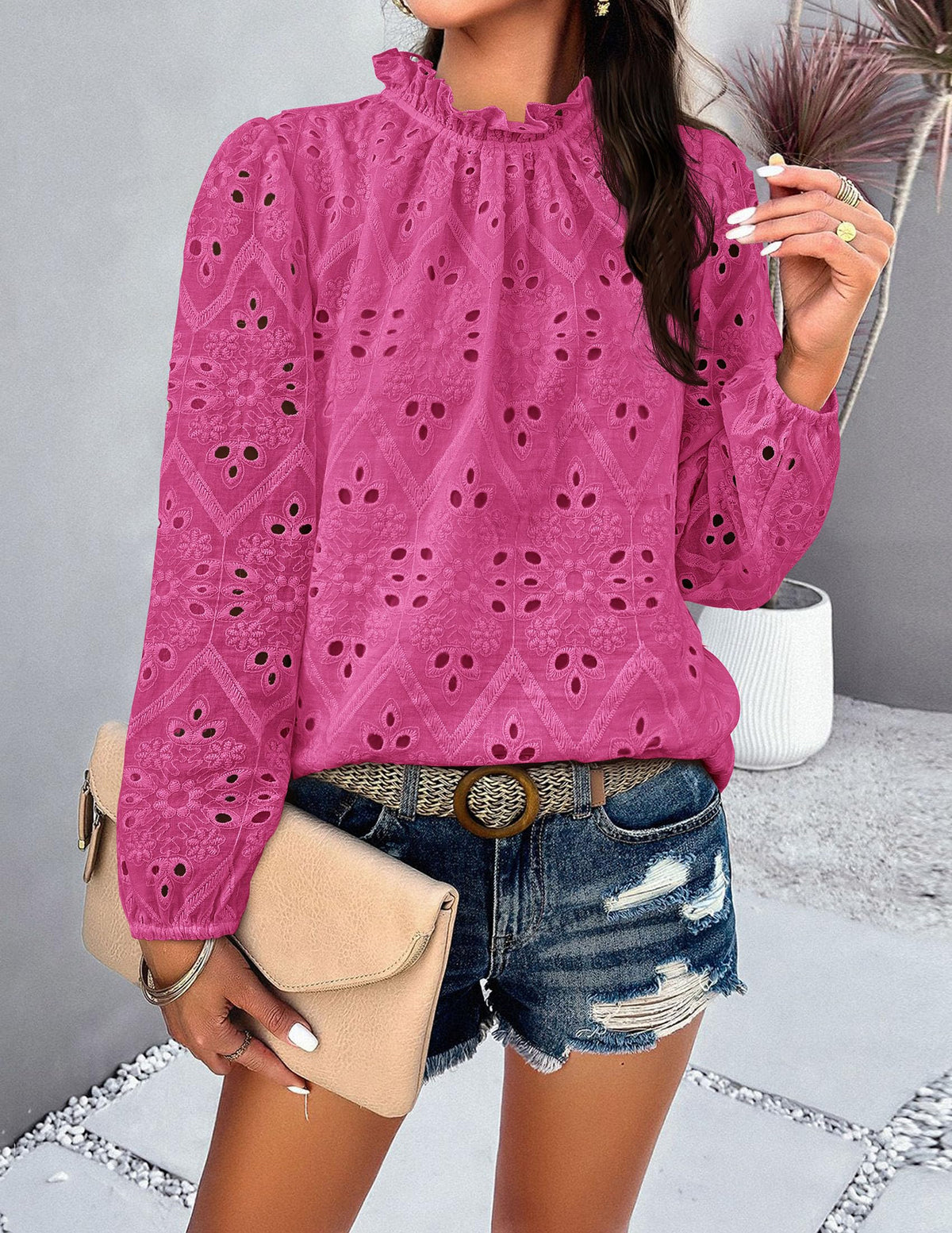 Womens Blouses Dressy Casual Embroidered Long Puff Sleeve Shirts Ruffle Eyelet Lace Top Fall Clothes