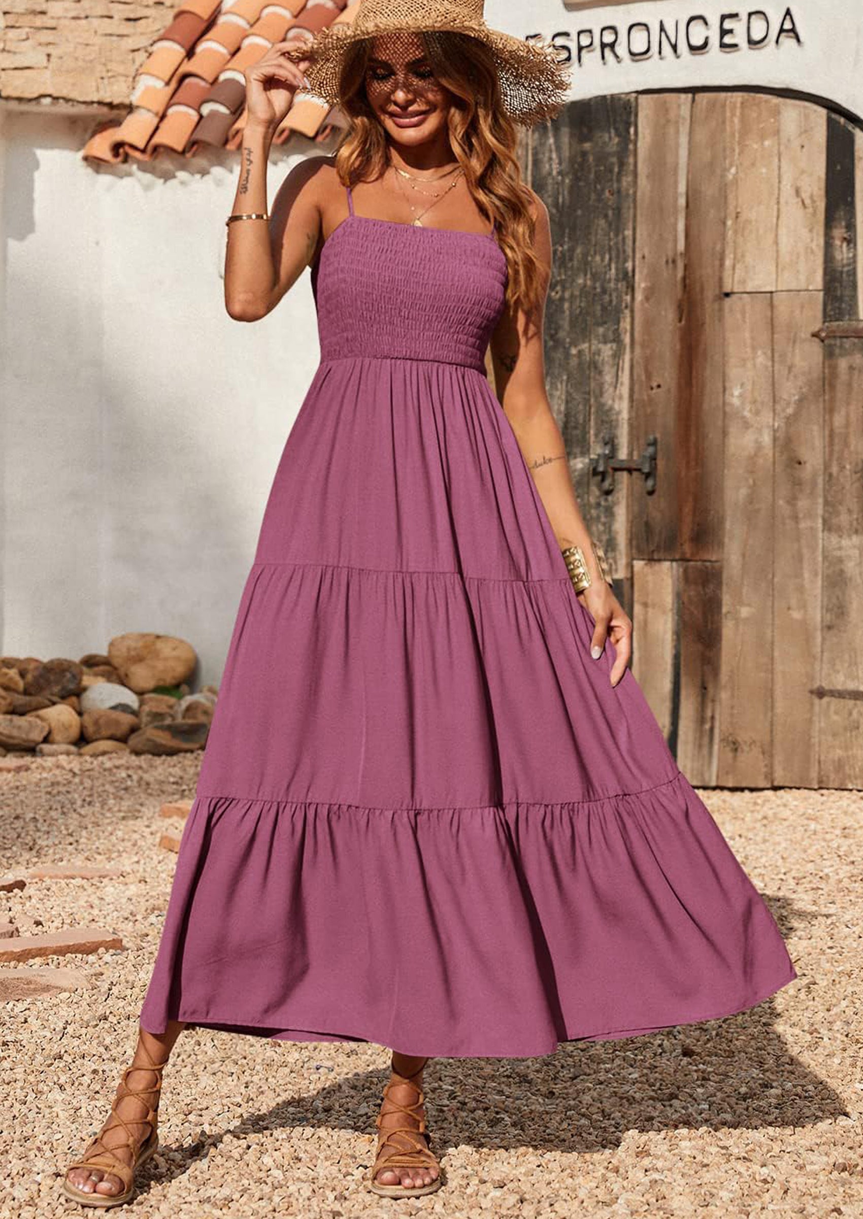 PRETTYGARDEN Women's Summer Maxi Dress Casual Boho Sleeveless Spaghetti Strap Smocked Tiered Long Beach Sundresses PRETTYGARDEN