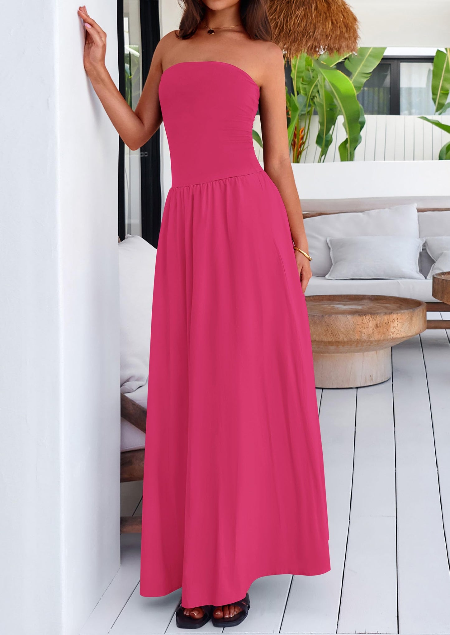 Women's 2025 Summer Strapless Maxi Dresses Patchwork Long Flowy Elegant Going Out Tube Top Dress with Pockets