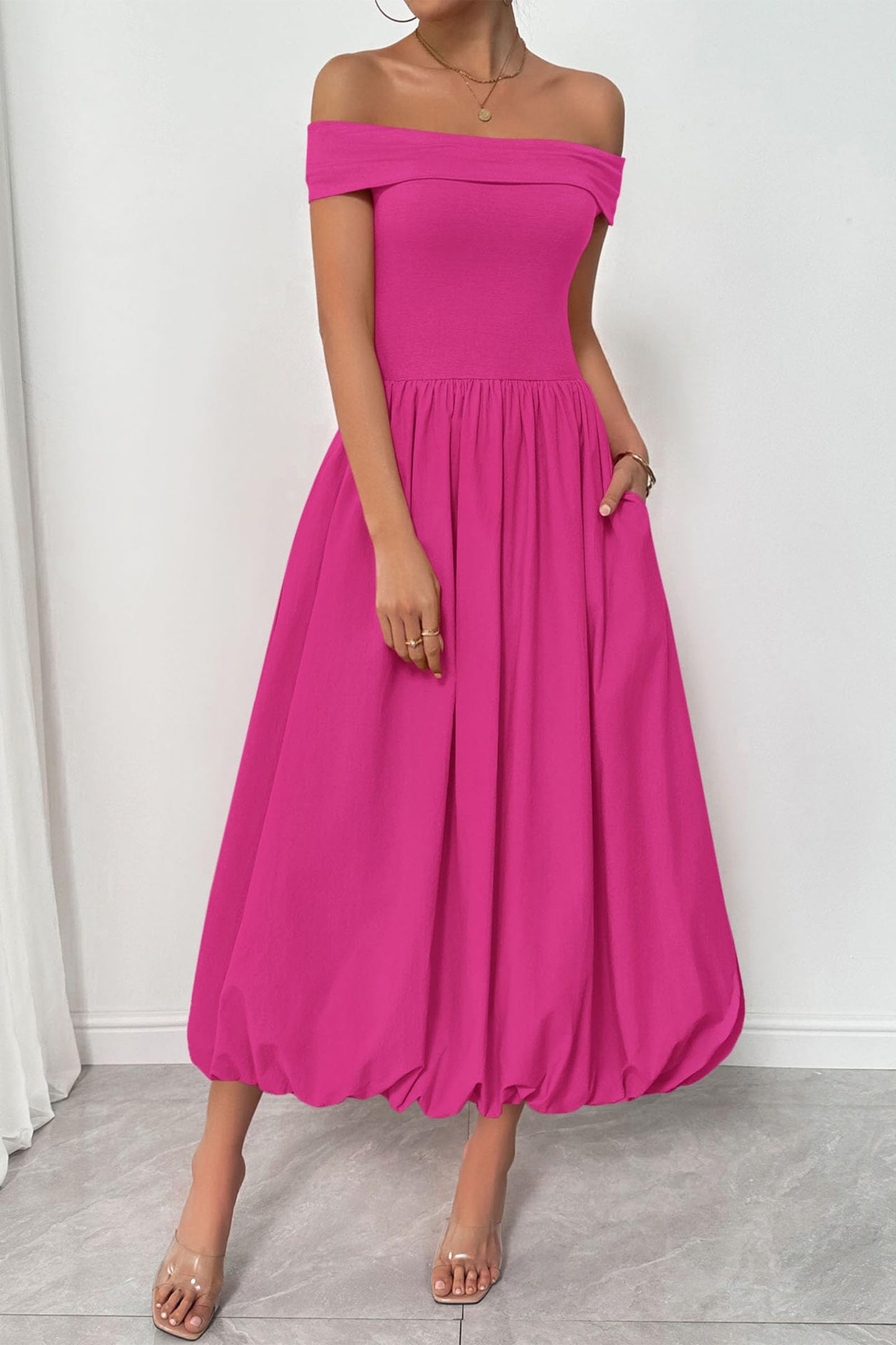 Womens Summer Off Shoulder Sleeveless Midi Dress Cocktail A Line Flowy Wedding Guest Dresses with Pockets