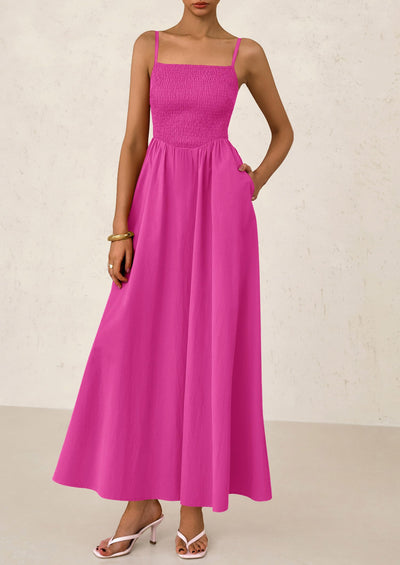 PRETTYGARDEN Women's Smocked Maxi Dresses Beach Sundress Casual Spaghetti Strap Swing A Line Long Flowy Dress