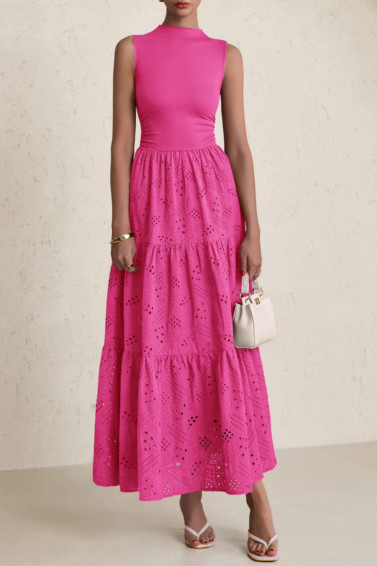 PRETTYGARDEN Dresses for Women Casual Eyelet Sleeveless Wedding Guest Maxi Dress Tank Top Sundress with Pockets