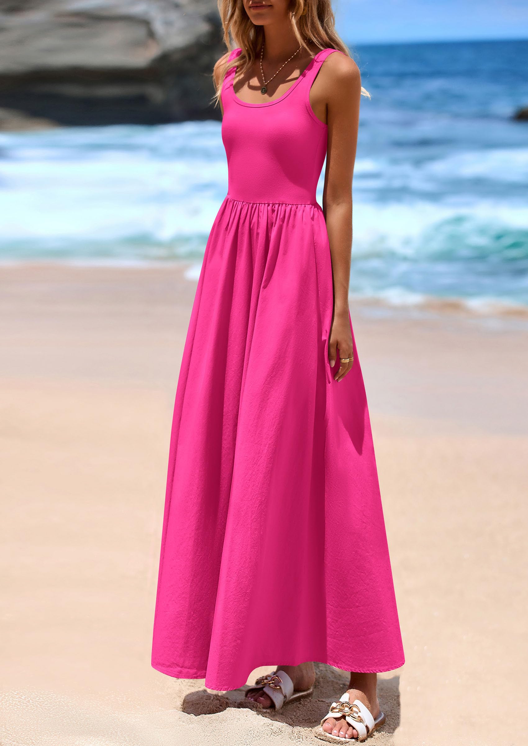 PRETTYGARDEN Womens Summer Casual Scoop Neck Sleeveless Long Dresses Tank Top Patchwork Aline Swing Maxi Dress with Pockets