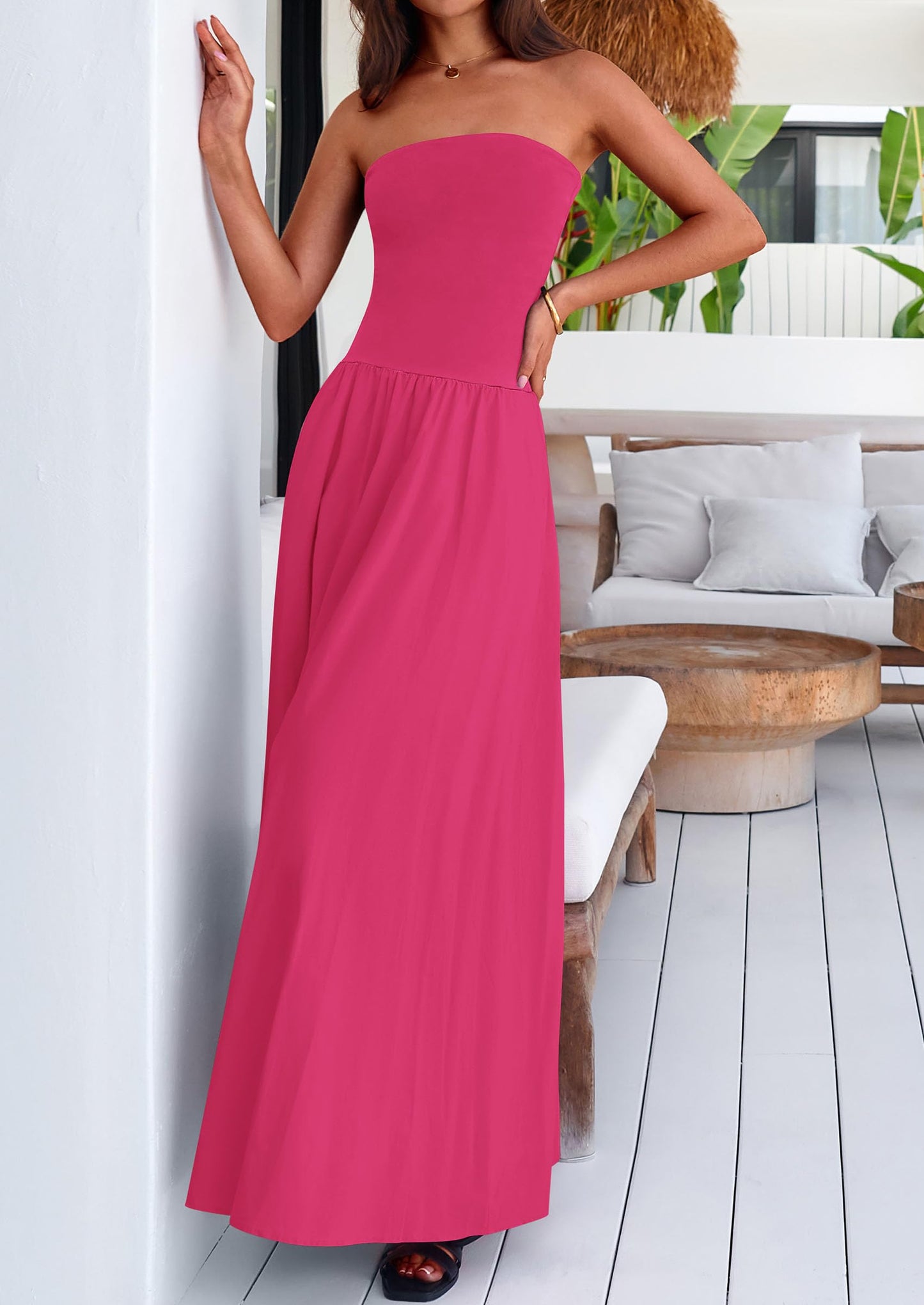 Women's 2025 Summer Strapless Maxi Dresses Patchwork Long Flowy Elegant Going Out Tube Top Dress with Pockets